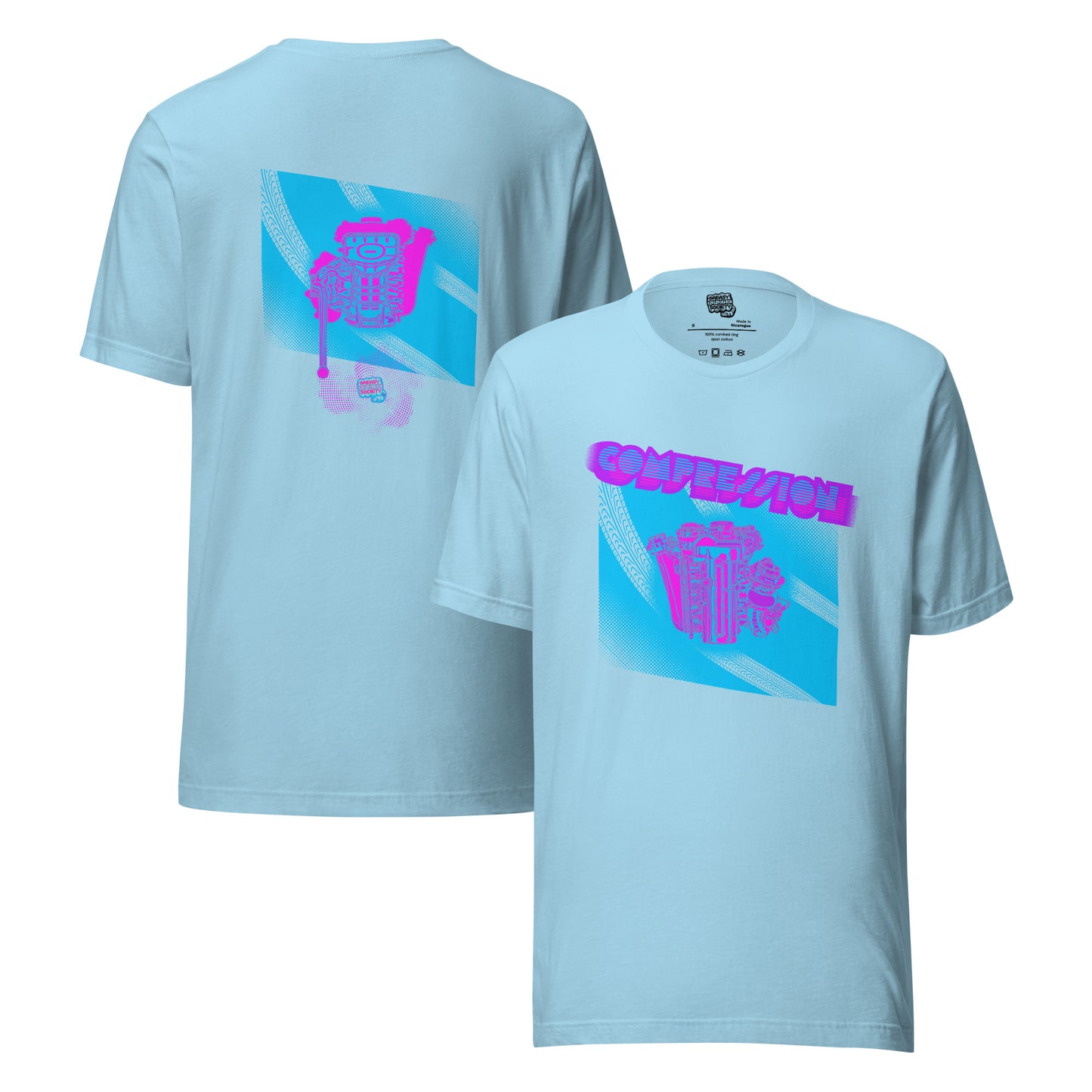 Pale blue t-shirt with a blue, pink, and purple illustration of a JDM engine with a big turbo charger from the top and stylized text that says Compression Obsession on the front. On the back is the under side of the engine with exhaust coming out and a small GKS logo in the middle of the smoke.