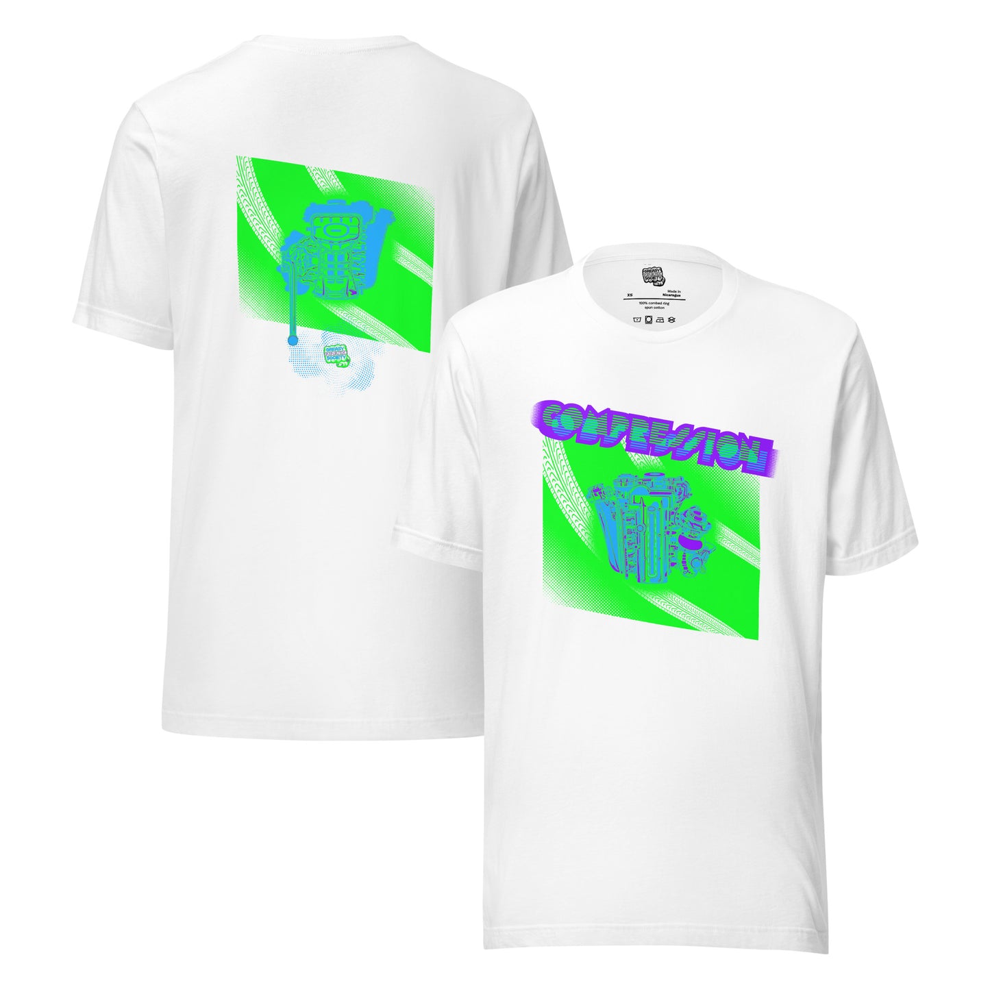 White t-shirt with a green, blue, and purple illustration of a JDM engine with a big turbo charger from the top and stylized text that says Compression Obsession on the front. On the back is the under side of the engine with exhaust coming out and a small GKS logo in the middle of the smoke.
