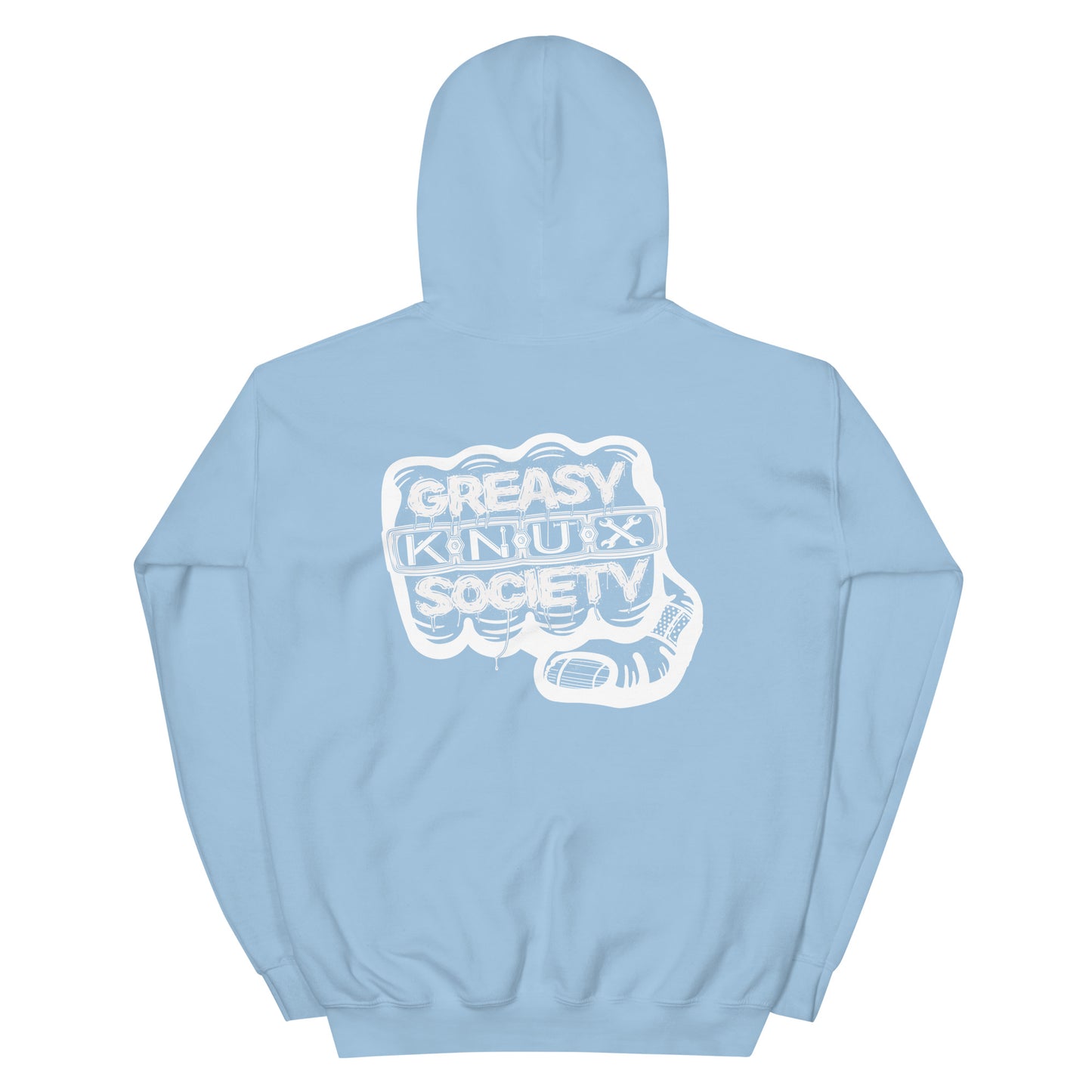 Rear of a light blue hoodie with a large white logo consisting of big fist with brass knuckles and bandage on the thumb with type reading Greasy Knux Society. Greasy and Society are stylized to look like dripping grease and Knux is made of various tools.