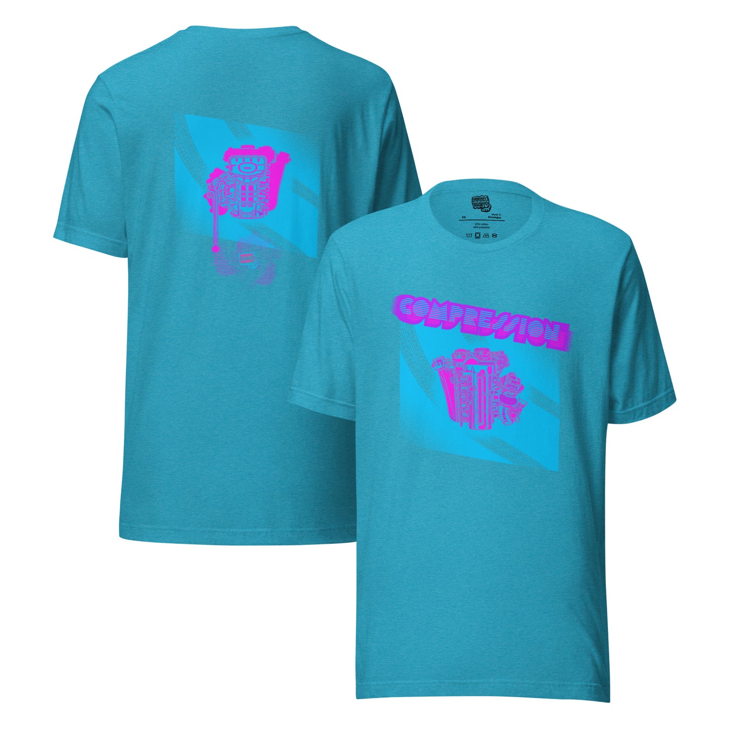 Aqua blue t-shirt with a blue, pink, and purple illustration of a JDM engine with a big turbo charger from the top and stylized text that says Compression Obsession on the front. On the back is the under side of the engine with exhaust coming out and a small GKS logo in the middle of the smoke.