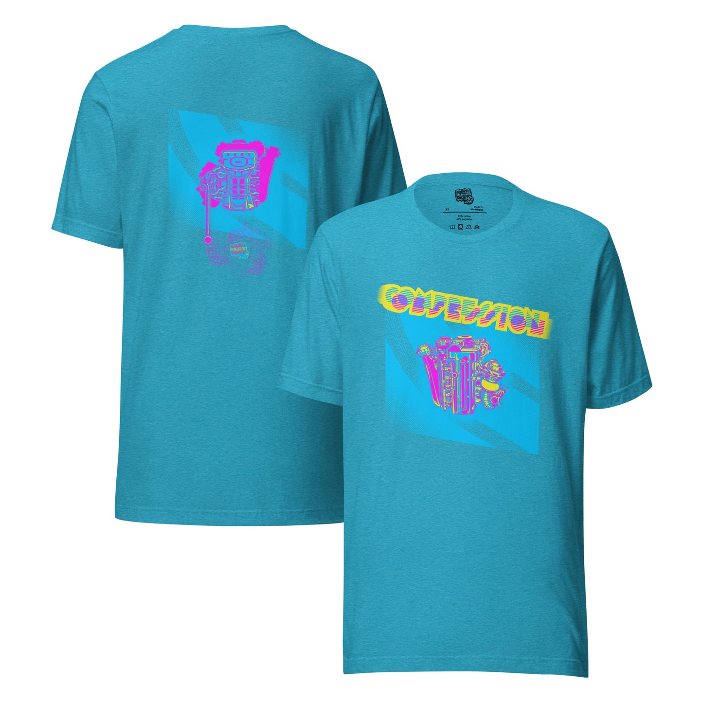 Aqua bluet-shirt with a blue, pink, and yellow illustration of a JDM engine with a big turbo charger from the top and stylized text that says Compression Obsession on the front. On the back is the under side of the engine with exhaust coming out and a small GKS logo in the middle of the smoke.
