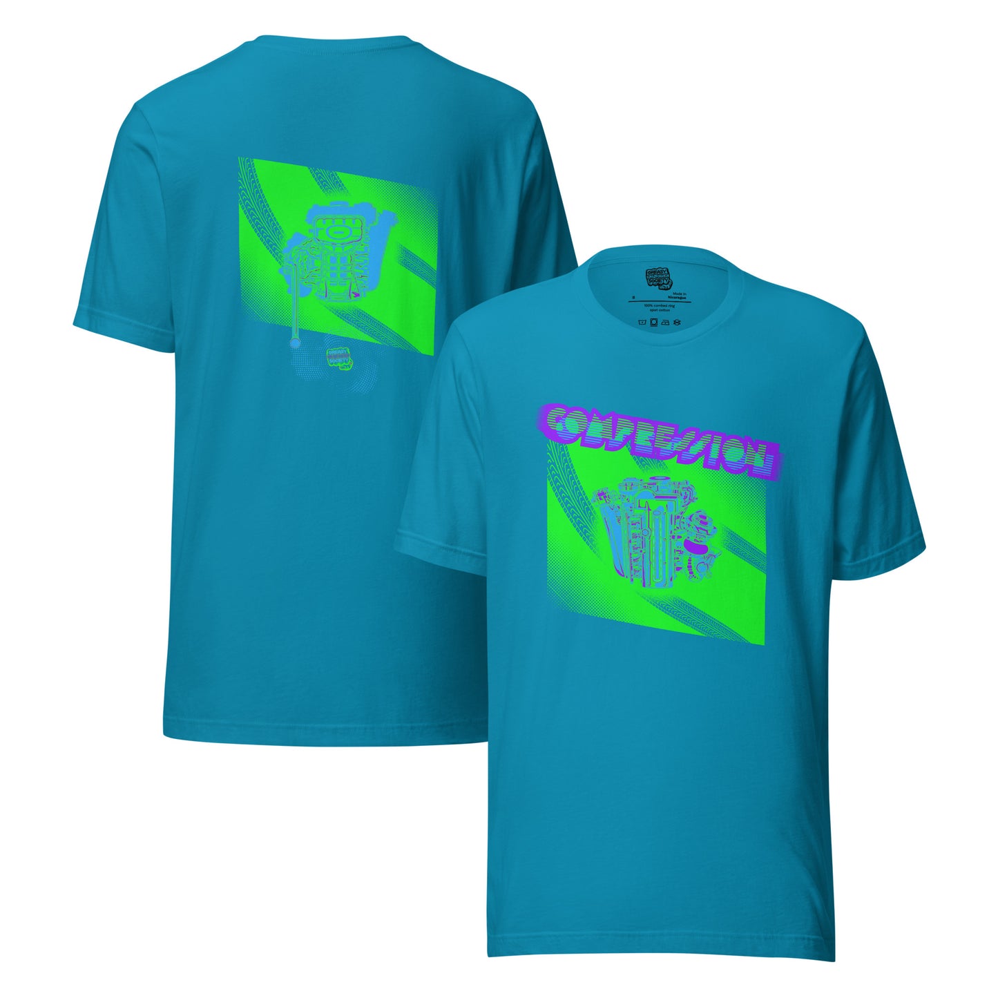 Aqua blue t-shirt with a green, blue, and purple illustration of a JDM engine with a big turbo charger from the top and stylized text that says Compression Obsession on the front. On the back is the under side of the engine with exhaust coming out and a small GKS logo in the middle of the smoke.