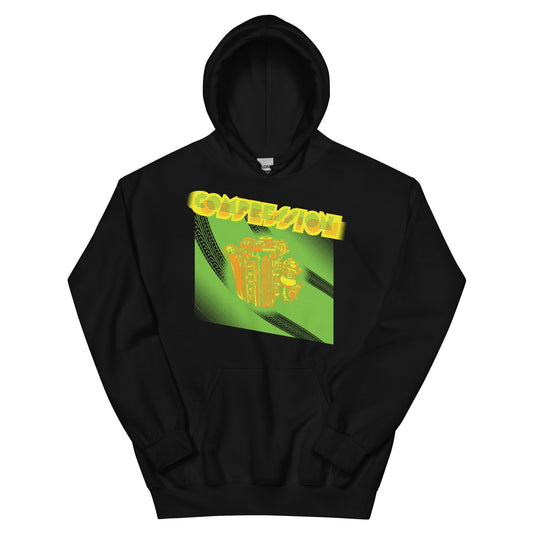 Black hoodie with an illustration of a green, orange and yellow JDM engine with a big turbo charger from the top and stylized text that says Compression Obsession on the front.