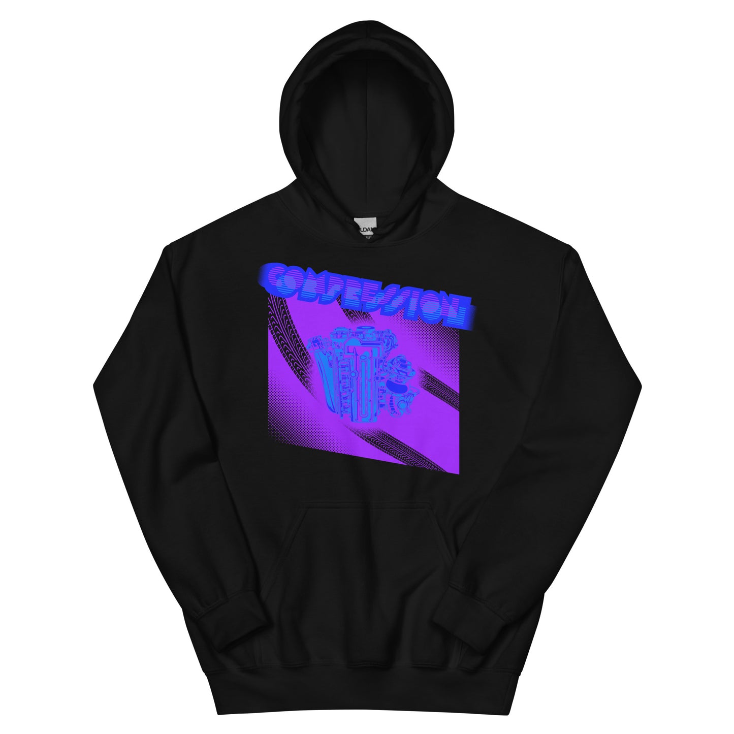 Black hoodie with an illustration of a purple, light blue and dark blue JDM engine with a big turbo charger from the top and stylized text that says Compression Obsession on the front.