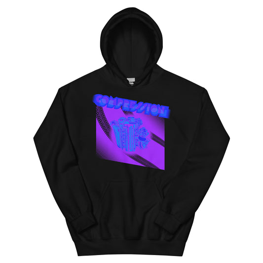 Black hoodie with an illustration of a purple, light blue and dark blue JDM engine with a big turbo charger from the top and stylized text that says Compression Obsession on the front.