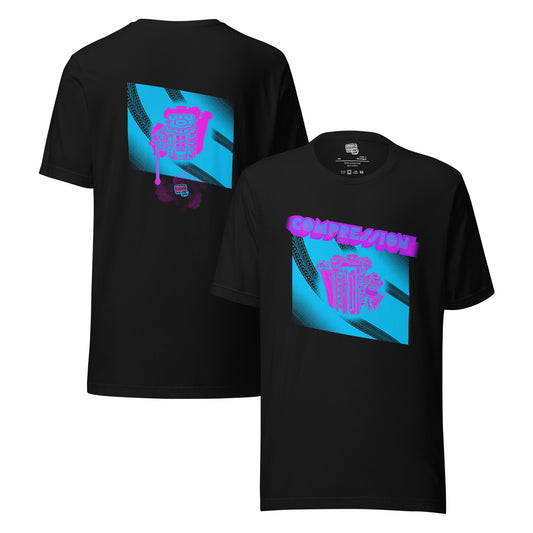 Black t-shirt with a blue, pink, and purple illustration of a JDM engine with a big turbo charger from the top and stylized text that says Compression Obsession on the front. On the back is the under side of the engine with exhaust coming out and a small GKS logo in the middle of the smoke.