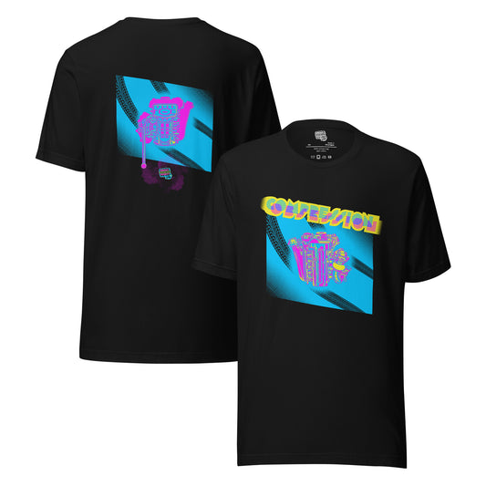 Black t-shirt with a blue, pink, and yellow illustration of a JDM engine with a big turbo charger from the top and stylized text that says Compression Obsession on the front. On the back is the under side of the engine with exhaust coming out and a small GKS logo in the middle of the smoke.