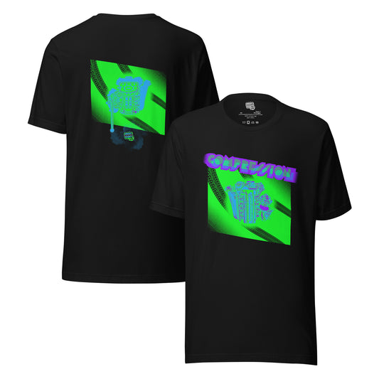 Black t-shirt with a green, blue, and purple illustration of a JDM engine with a big turbo charger from the top and stylized text that says Compression Obsession on the front. On the back is the under side of the engine with exhaust coming out and a small GKS logo in the middle of the smoke.