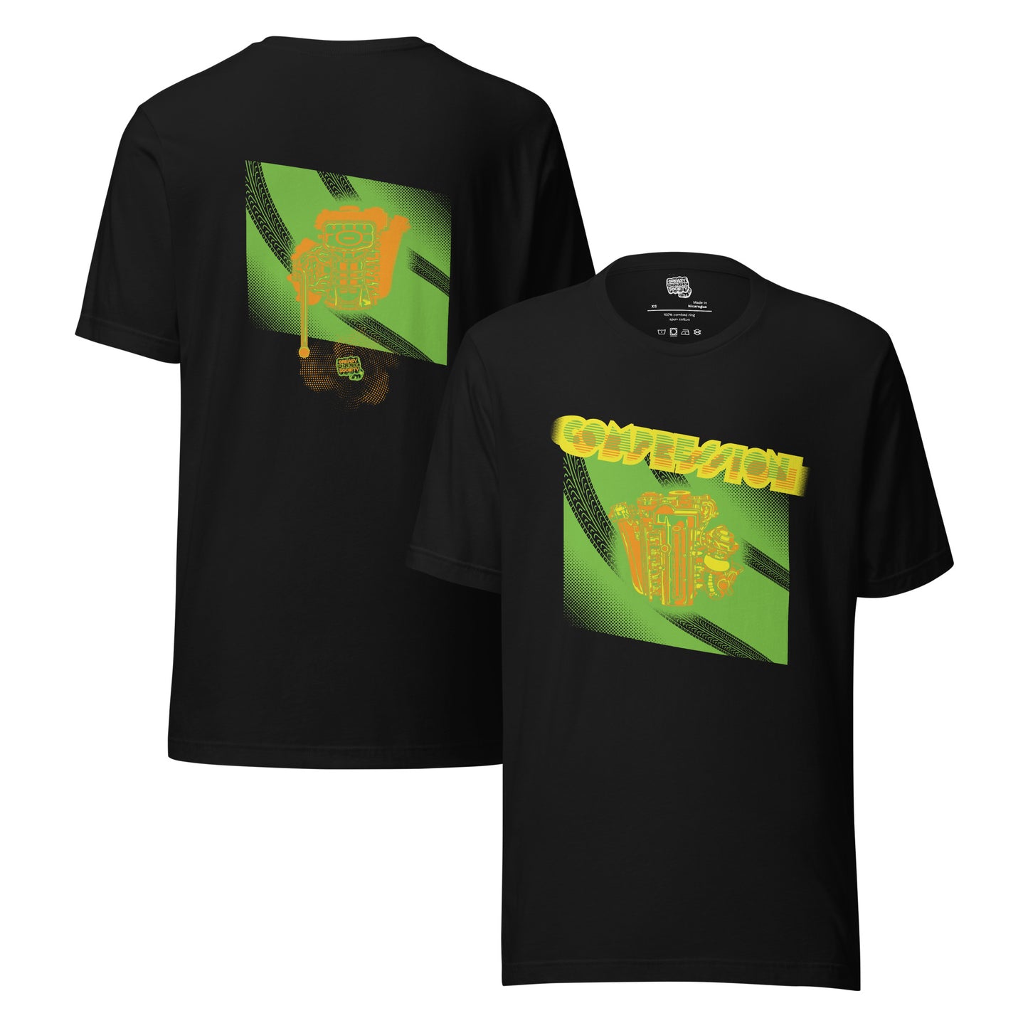 Black t-shirt with a green, orange, and yellow illustration of a JDM engine with a big turbo charger from the top and stylized text that says Compression Obsession on the front. On the back is the under side of the engine with exhaust coming out and a small GKS logo in the middle of the smoke.