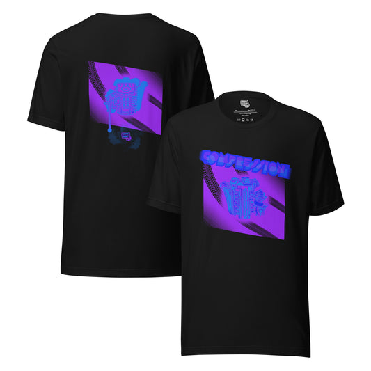 Black t-shirt with a purple, light blue, and dark blue illustration of a JDM engine with a big turbo charger from the top and stylized text that says Compression Obsession on the front. On the back is the under side of the engine with exhaust coming out and a small GKS logo in the middle of the smoke.