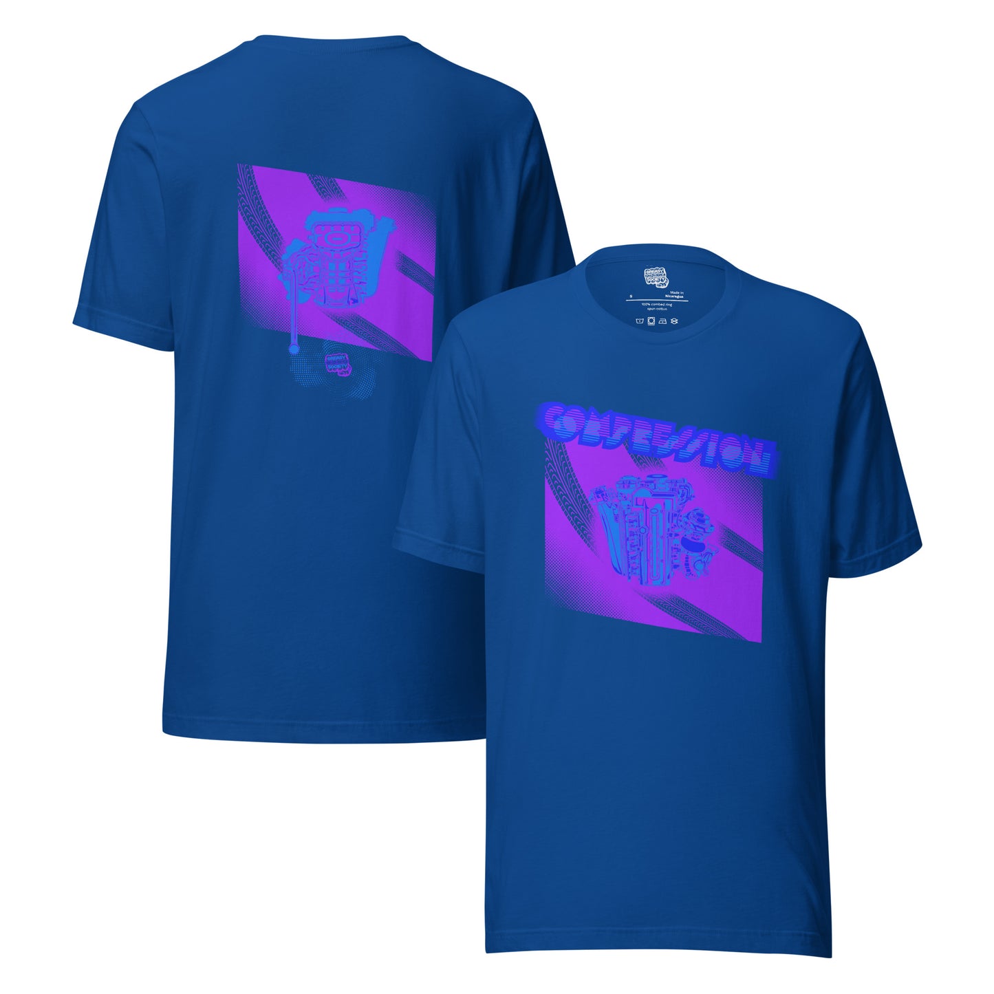 Blue t-shirt with a purple, light blue, and dark blue illustration of a JDM engine with a big turbo charger from the top and stylized text that says Compression Obsession on the front. On the back is the under side of the engine with exhaust coming out and a small GKS logo in the middle of the smoke.
