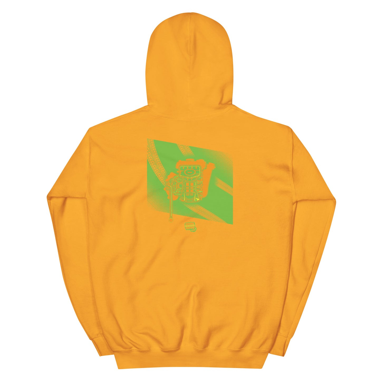 Gold hoodie with a green, orange, and yellow illustration of the underside of a JDM engine with exhaust coming out and a small GKS logo in the middle of the smoke.