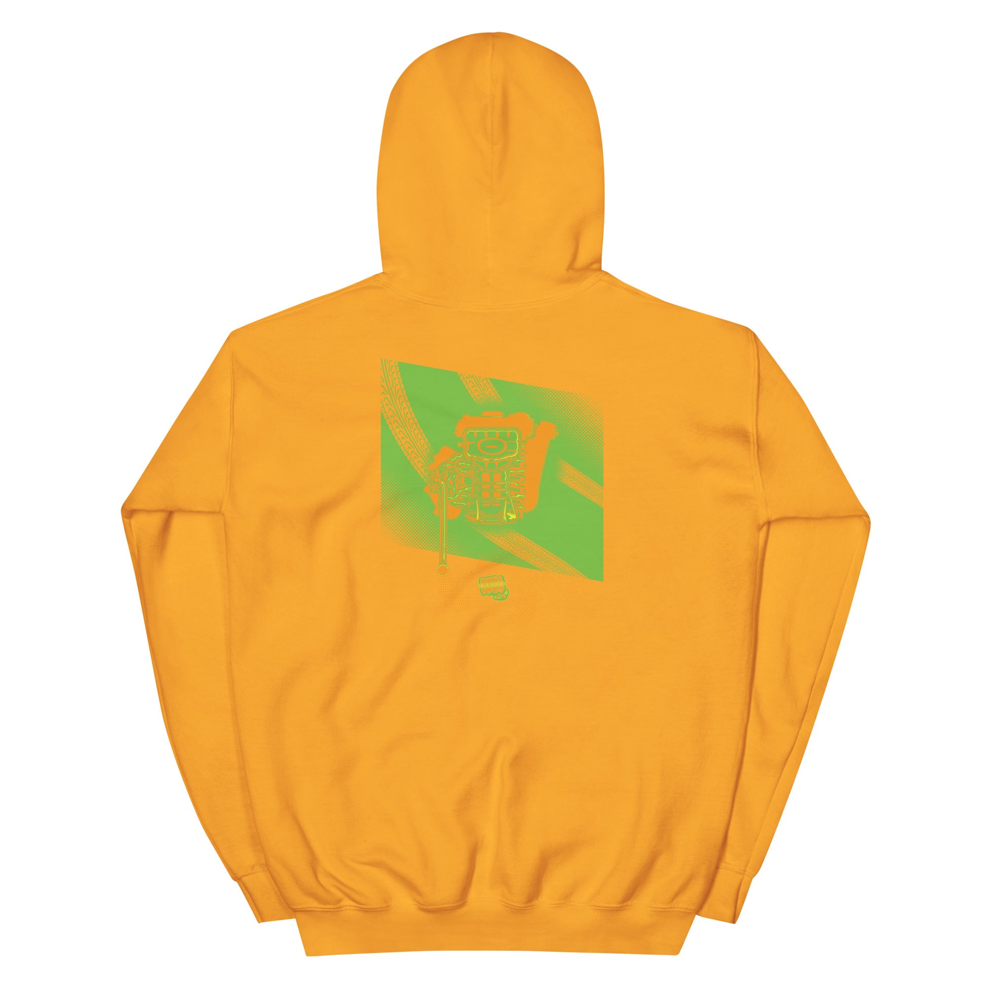 Gold hoodie with a green, orange, and yellow illustration of the underside of a JDM engine with exhaust coming out and a small GKS logo in the middle of the smoke.