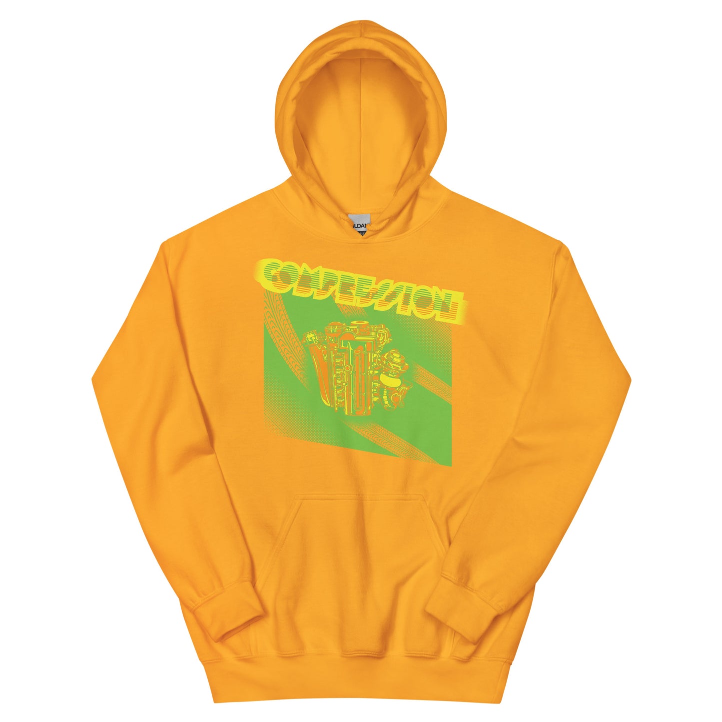 Gold hoodie with an illustration of a green, orange and yellow JDM engine with a big turbo charger from the top and stylized text that says Compression Obsession on the front.