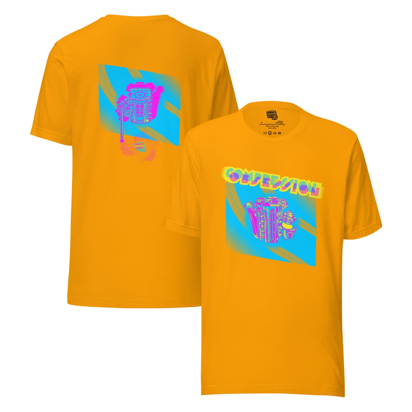 Gold t-shirt with a blue, pink, and yellow illustration of a JDM engine with a big turbo charger from the top and stylized text that says Compression Obsession on the front. On the back is the under side of the engine with exhaust coming out and a small GKS logo in the middle of the smoke.