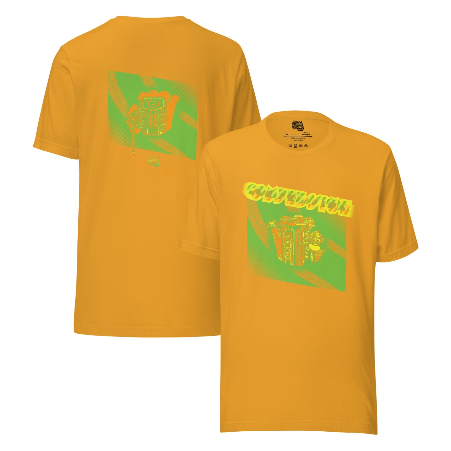 Gold t-shirt with a green, orange, and yellow illustration of a JDM engine with a big turbo charger from the top and stylized text that says Compression Obsession on the front. On the back is the under side of the engine with exhaust coming out and a small GKS logo in the middle of the smoke.