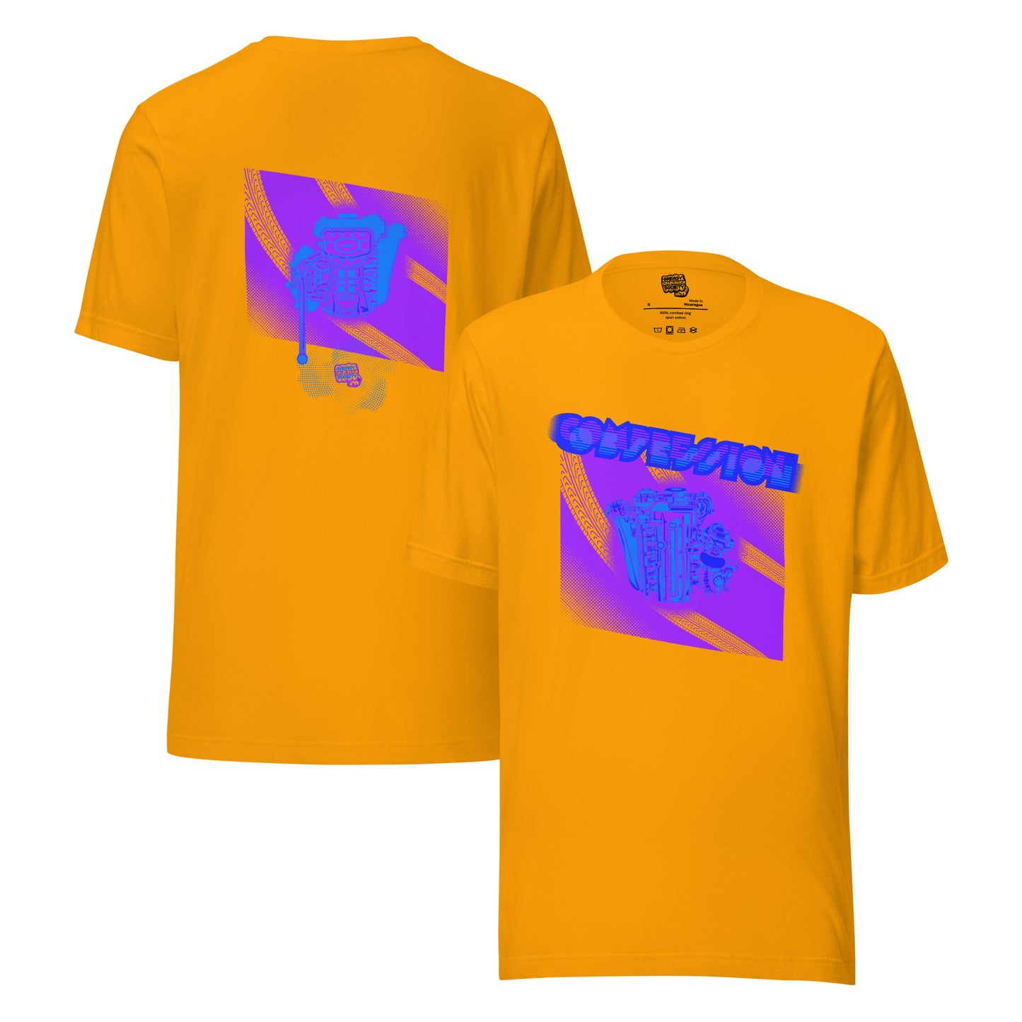 Gold t-shirt with a purple, light blue, and dark blue illustration of a JDM engine with a big turbo charger from the top and stylized text that says Compression Obsession on the front. On the back is the under side of the engine with exhaust coming out and a small GKS logo in the middle of the smoke.