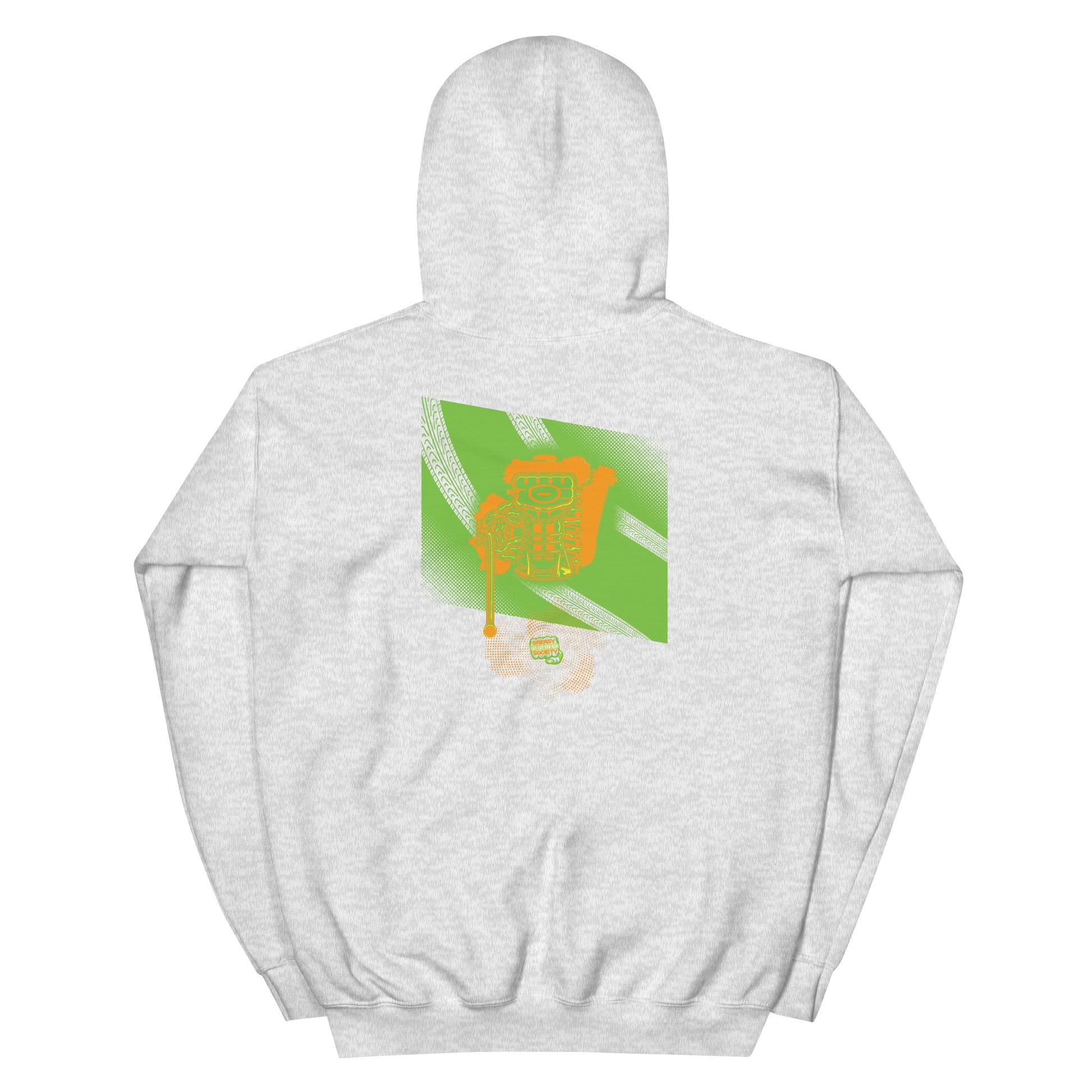 Gray hoodie with a green, orange, and yellow illustration of the underside of a JDM engine with exhaust coming out and a small GKS logo in the middle of the smoke.