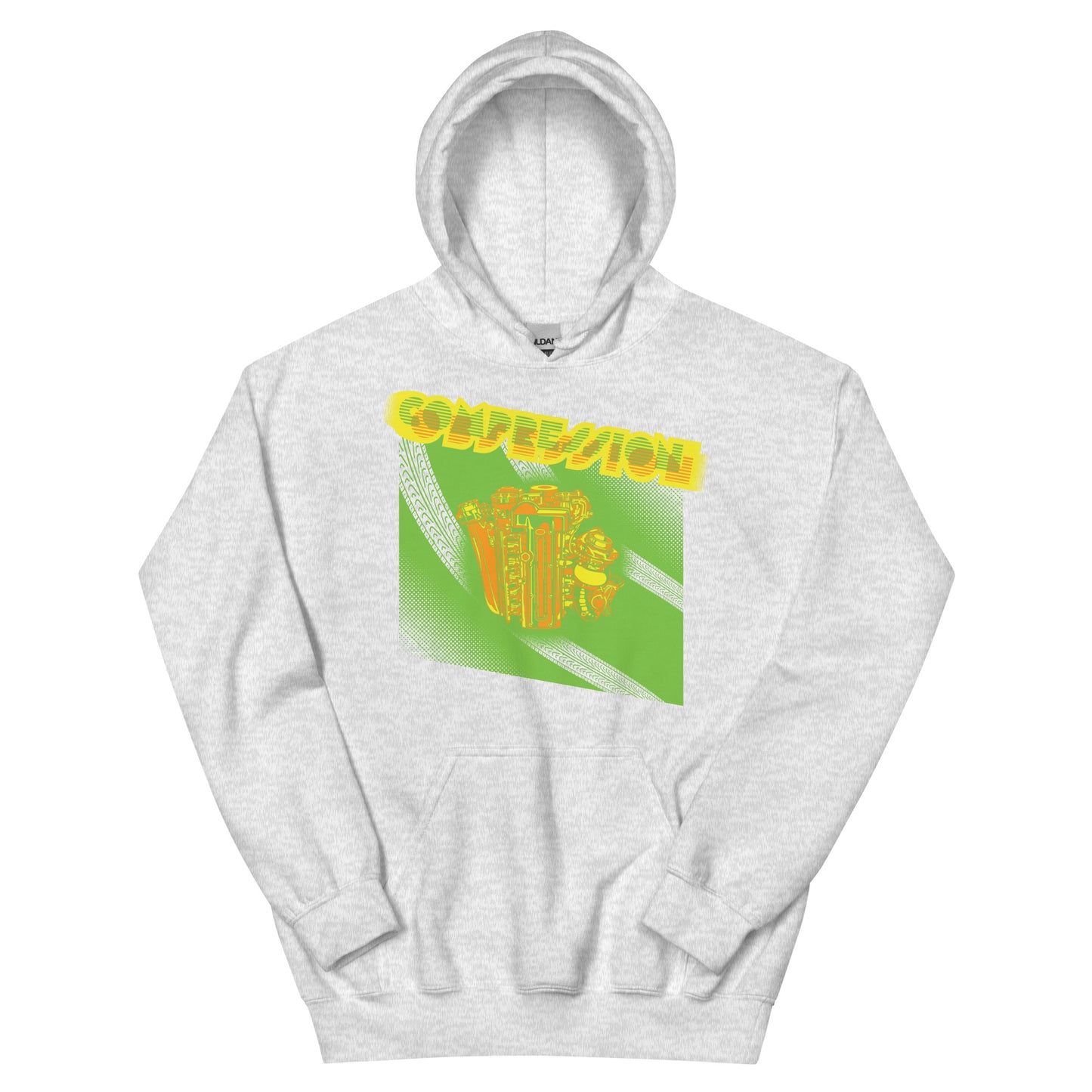 Gray hoodie with an illustration of a green, orange and yellow JDM engine with a big turbo charger from the top and stylized text that says Compression Obsession on the front.