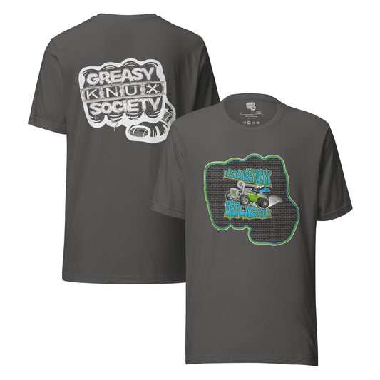 Gray t-shirt with green and blue illustration of a retro coupe with a small engine and a giant turbo charger spinning it's wheels in front of a brick wall with a crash test dummy driving and graffiti styled text that reads Displacement Replacement on the front.
On the back is a large white logo consisting of big fist with brass knuckles and bandage on the thumb with type reading Greasy Knux Society. Greasy and Society are stylized to look like dripping grease and Knux is made of various tools.