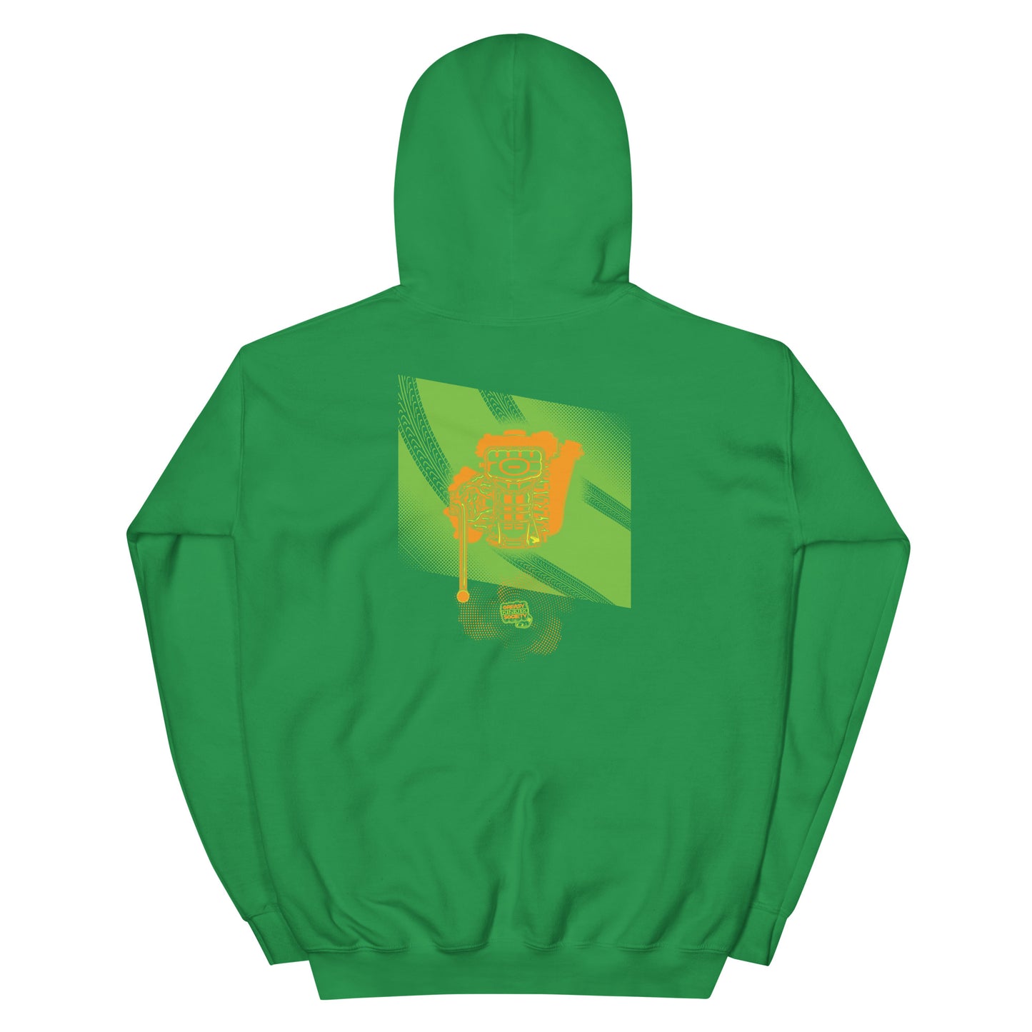 Green hoodie with a green, orange, and yellow illustration of the underside of a JDM engine with exhaust coming out and a small GKS logo in the middle of the smoke.
