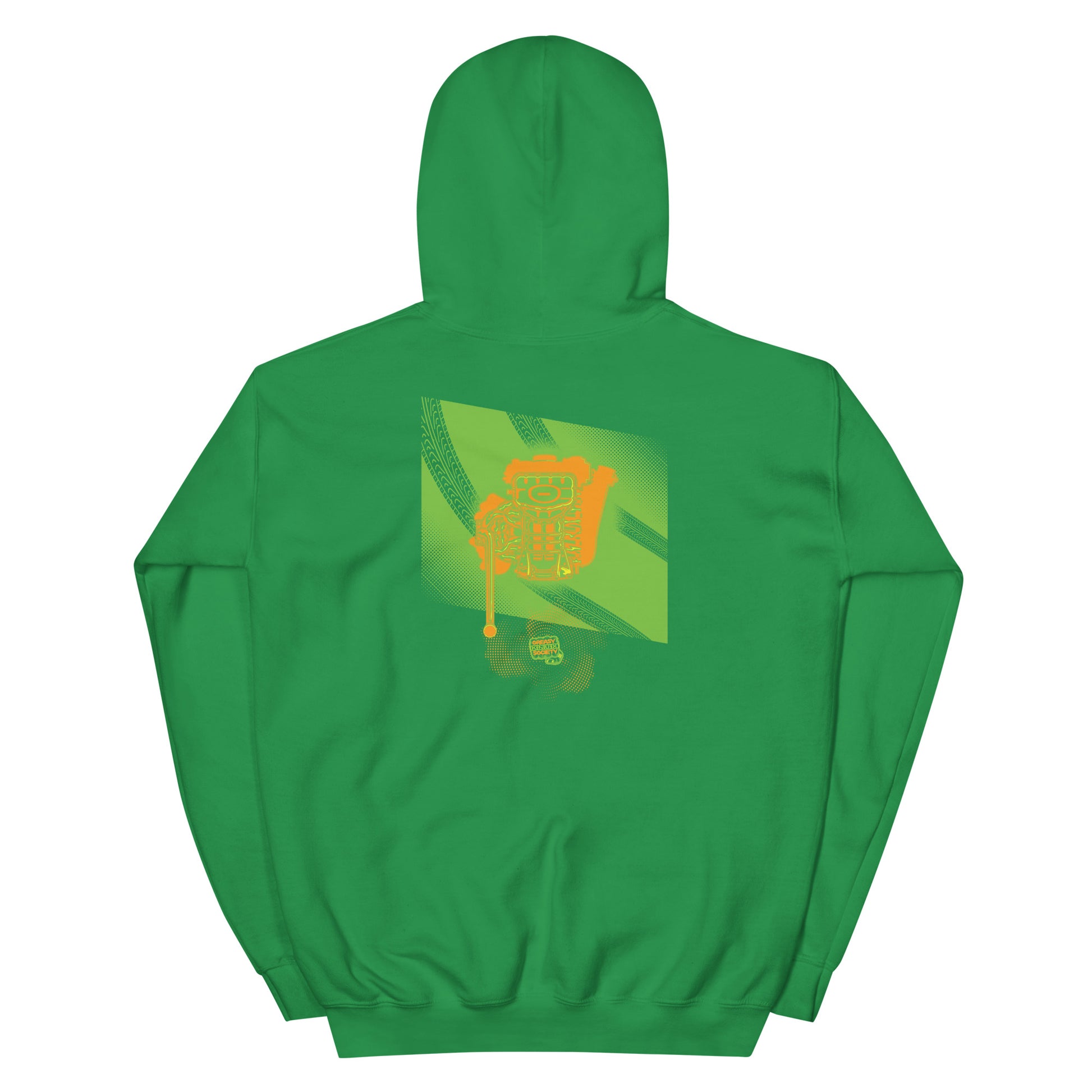 Green hoodie with a green, orange, and yellow illustration of the underside of a JDM engine with exhaust coming out and a small GKS logo in the middle of the smoke.