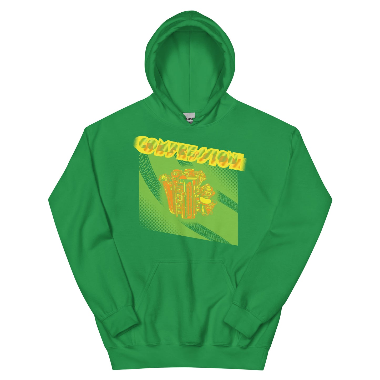 Green hoodie with an illustration of a green, orange and yellow JDM engine with a big turbo charger from the top and stylized text that says Compression Obsession on the front.