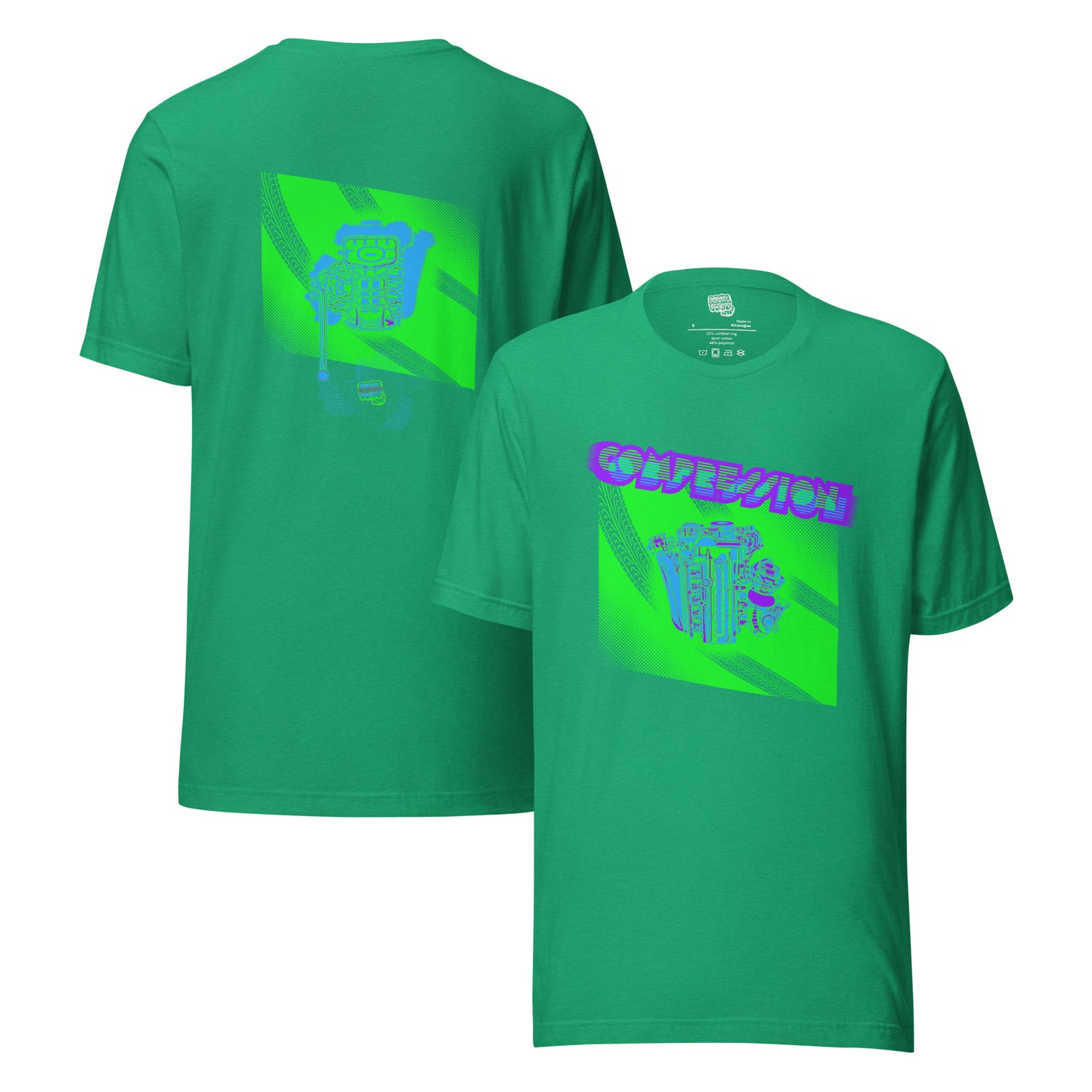 Green t-shirt with a green, blue, and purple illustration of a JDM engine with a big turbo charger from the top and stylized text that says Compression Obsession on the front. On the back is the under side of the engine with exhaust coming out and a small GKS logo in the middle of the smoke.