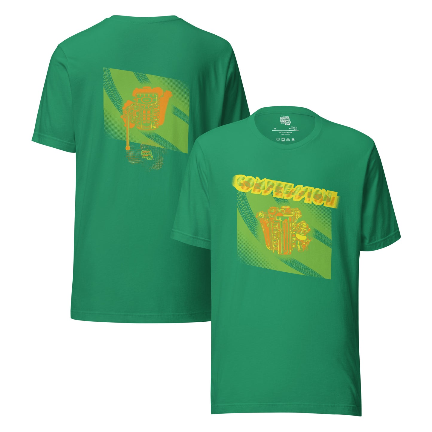 Green t-shirt with a green, orange, and yellow illustration of a JDM engine with a big turbo charger from the top and stylized text that says Compression Obsession on the front. On the back is the under side of the engine with exhaust coming out and a small GKS logo in the middle of the smoke.