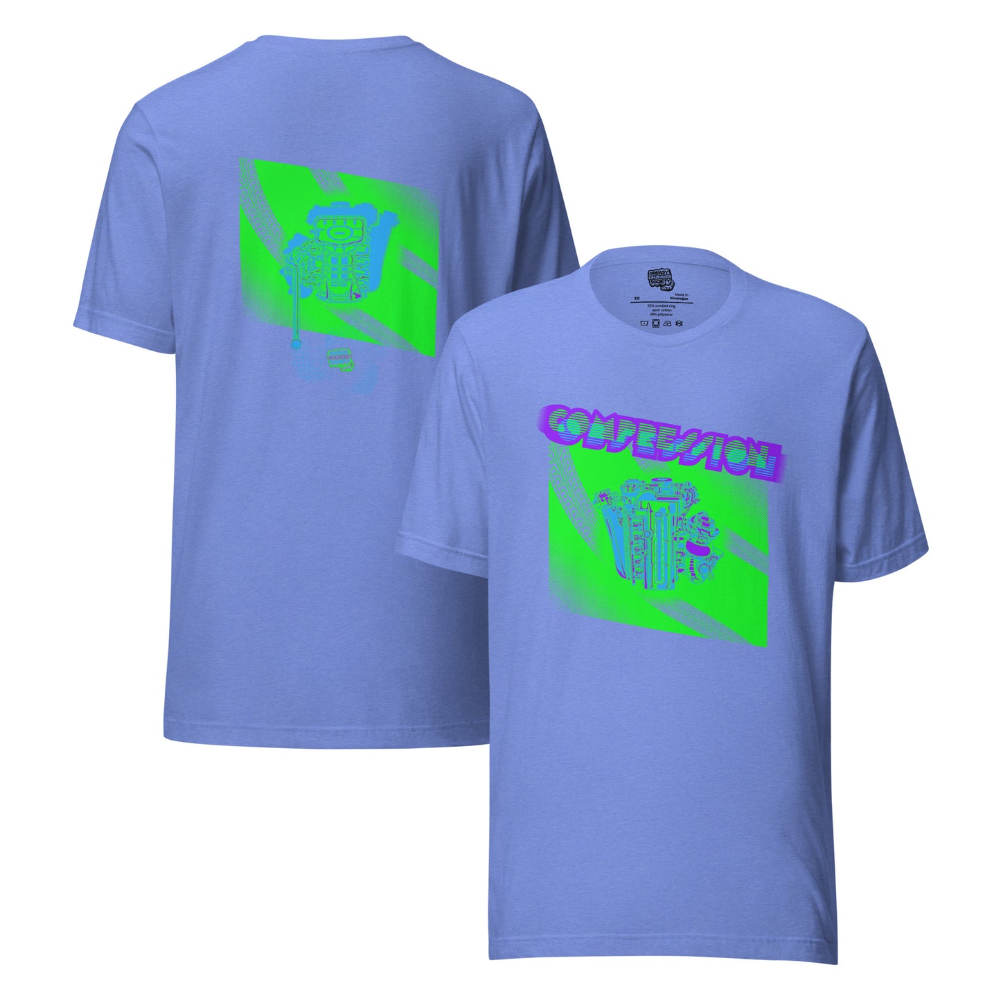 Light purple t-shirt with a green, blue, and purple illustration of a JDM engine with a big turbo charger from the top and stylized text that says Compression Obsession on the front. On the back is the under side of the engine with exhaust coming out and a small GKS logo in the middle of the smoke.