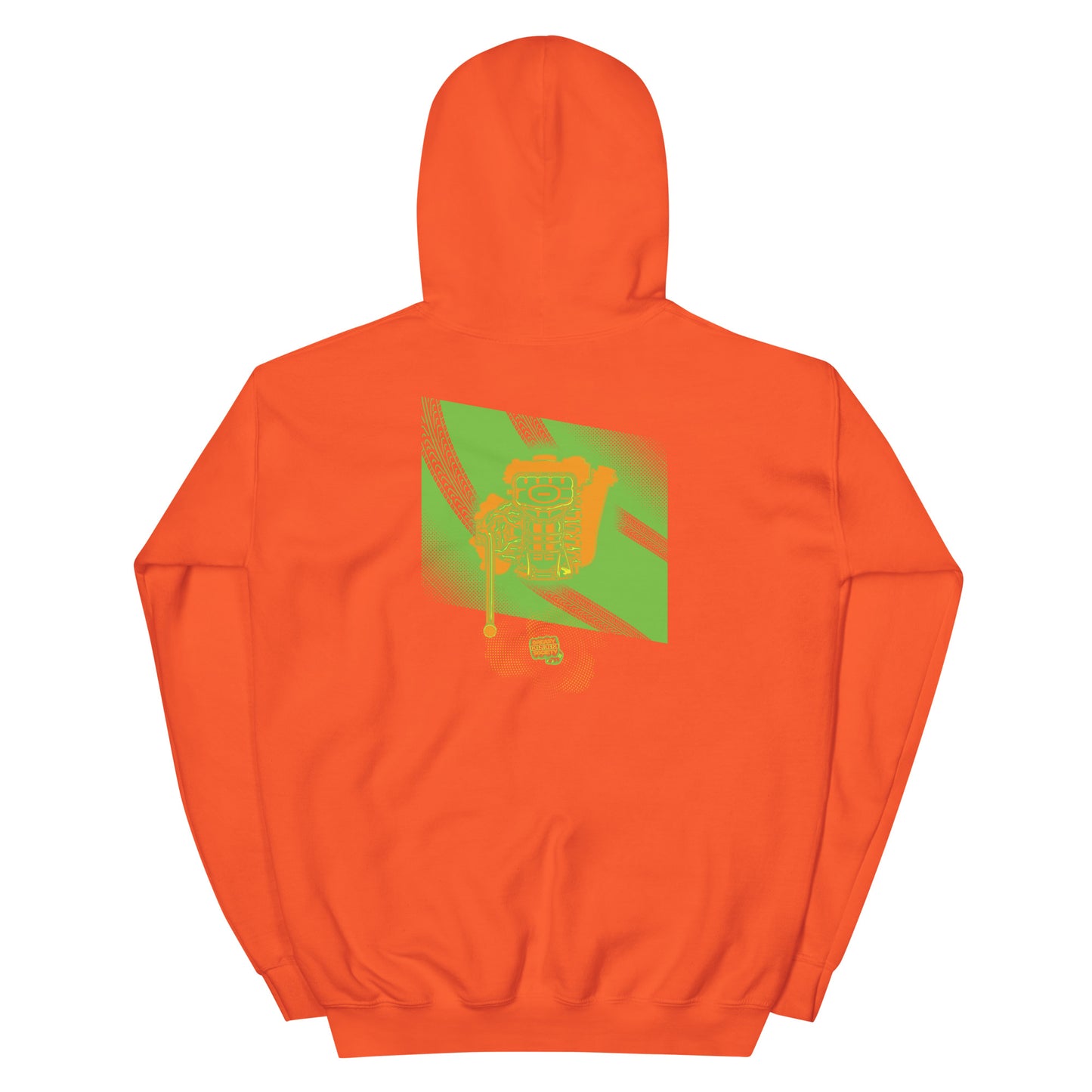 Orange hoodie with a green, orange, and yellow illustration of the underside of a JDM engine with exhaust coming out and a small GKS logo in the middle of the smoke.
