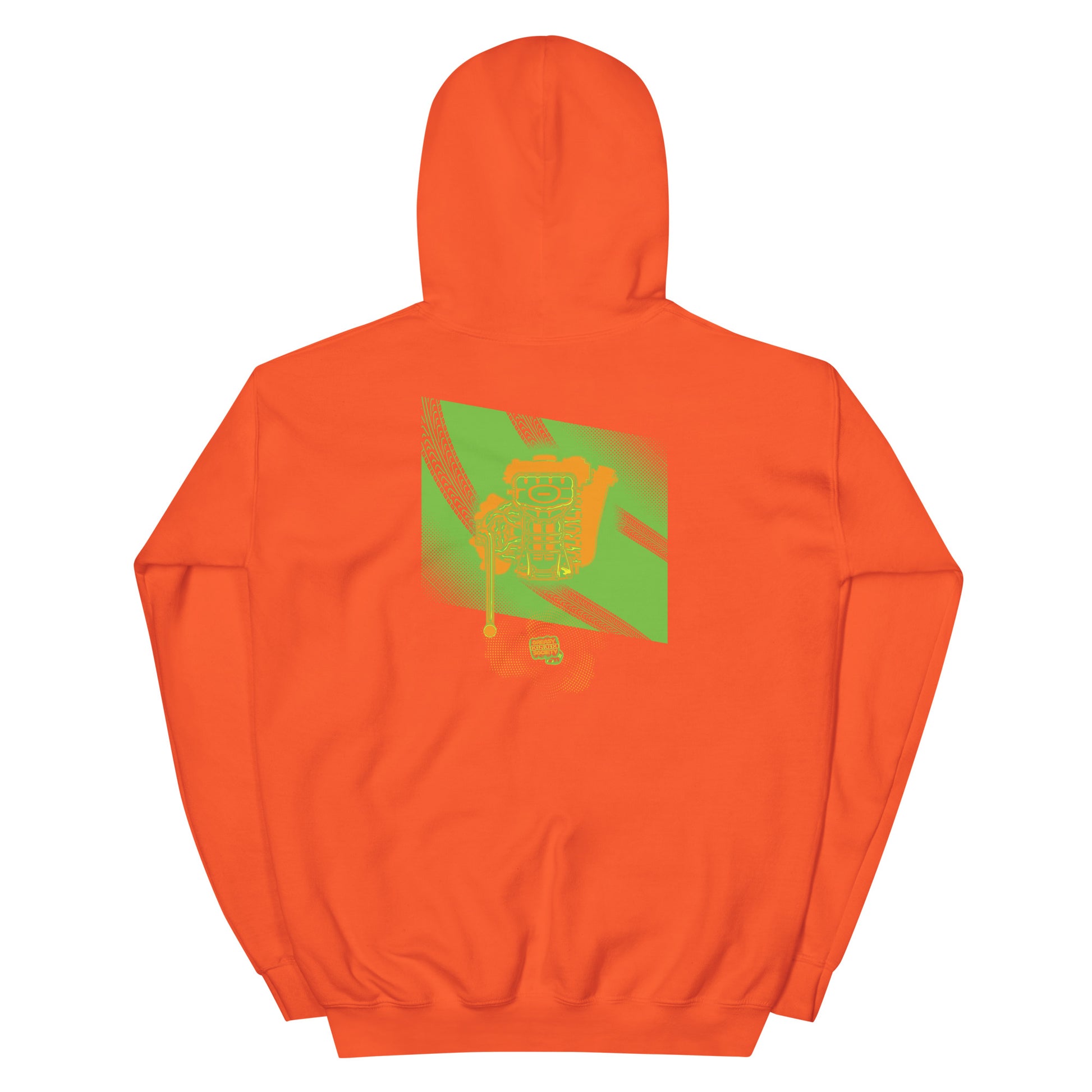 Orange hoodie with a green, orange, and yellow illustration of the underside of a JDM engine with exhaust coming out and a small GKS logo in the middle of the smoke.