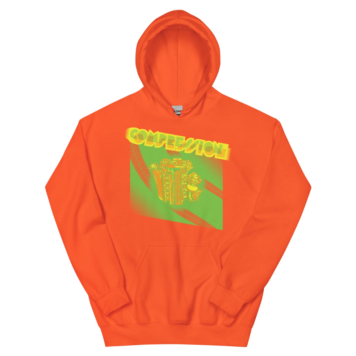 Orange hoodie with an illustration of a green, orange and yellow JDM engine with a big turbo charger from the top and stylized text that says Compression Obsession on the front.