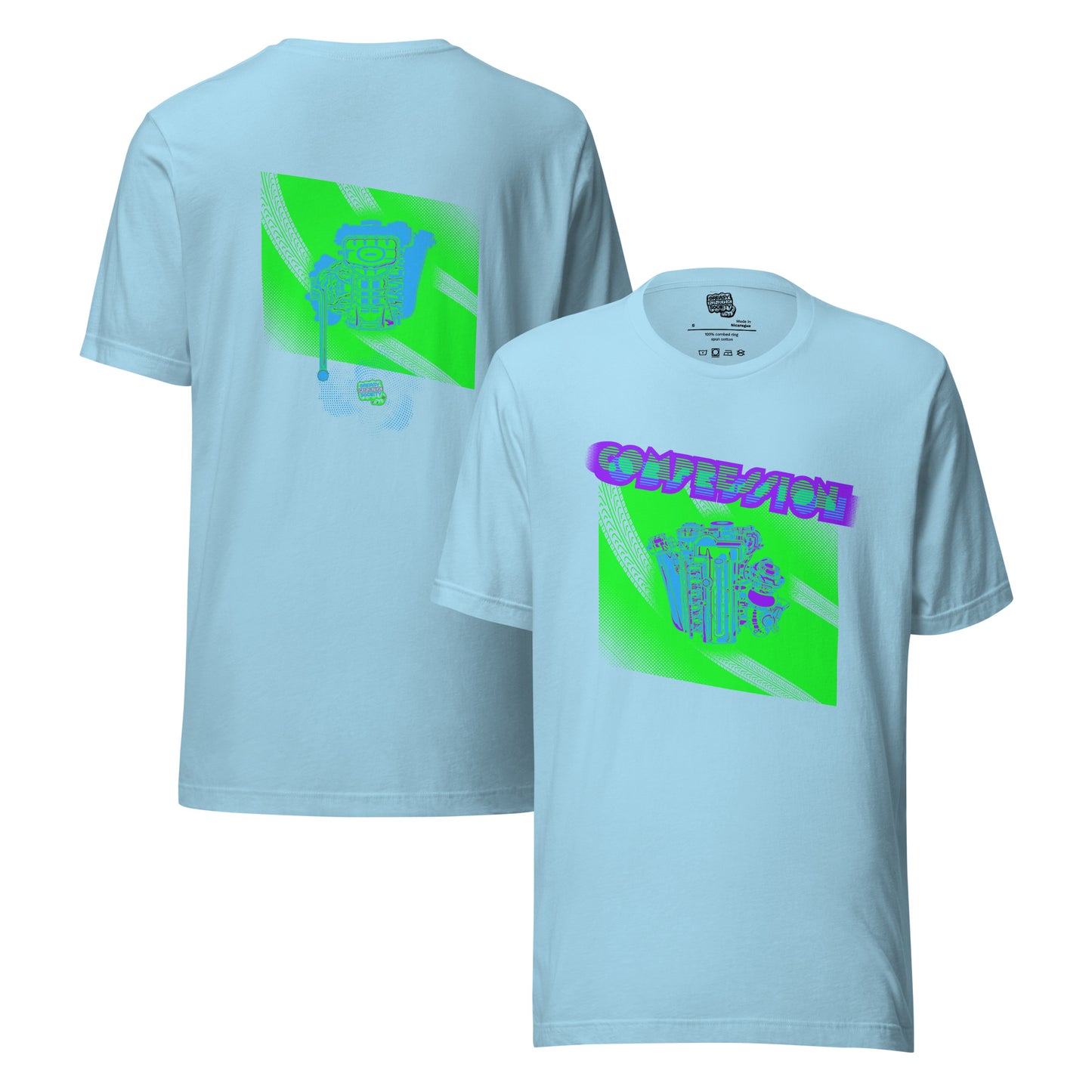 Pale blue t-shirt with a green, blue, and purple illustration of a JDM engine with a big turbo charger from the top and stylized text that says Compression Obsession on the front. On the back is the under side of the engine with exhaust coming out and a small GKS logo in the middle of the smoke.