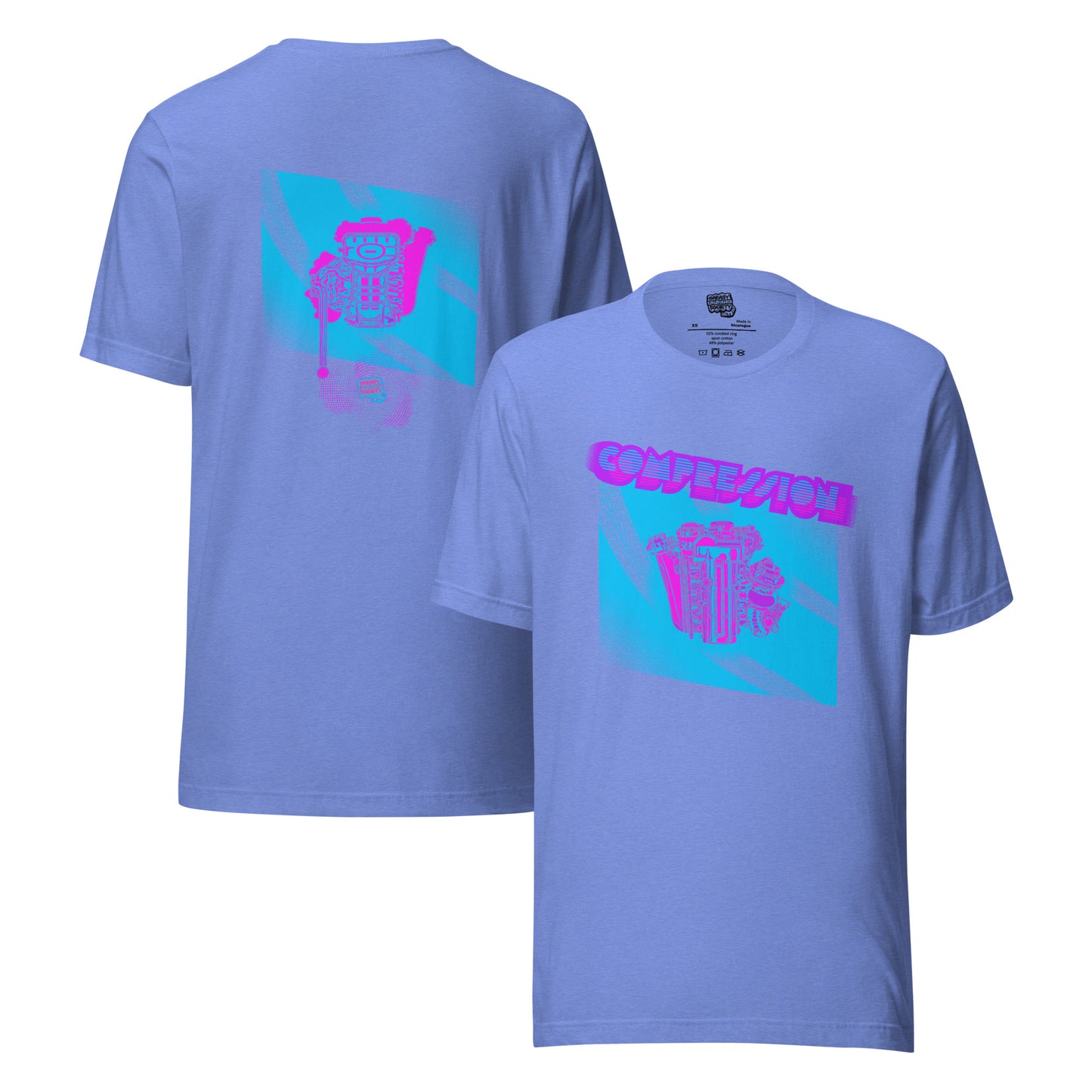 Pale purple t-shirt with a blue, pink, and purple illustration of a JDM engine with a big turbo charger from the top and stylized text that says Compression Obsession on the front. On the back is the under side of the engine with exhaust coming out and a small GKS logo in the middle of the smoke.