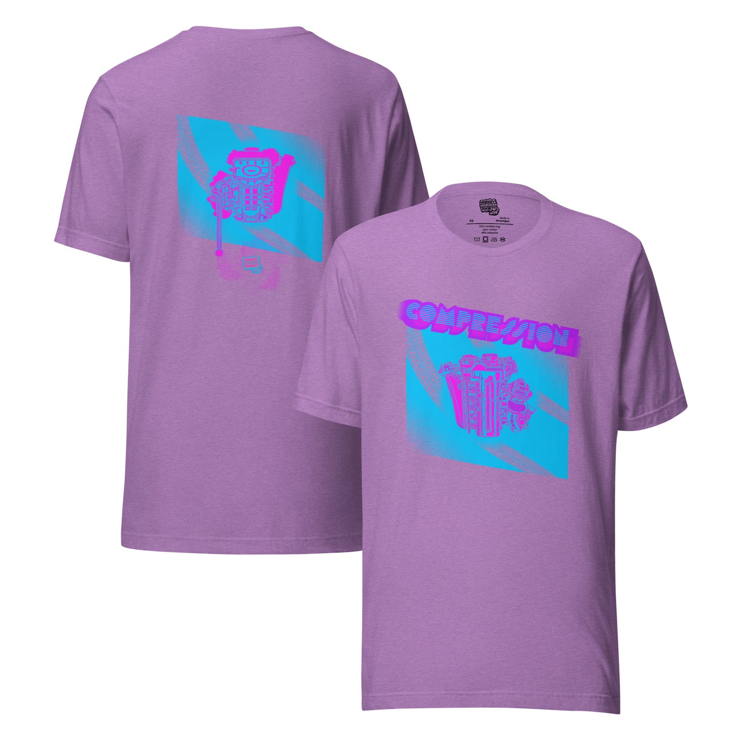 Pale raspberry t-shirt with a blue, pink, and purple illustration of a JDM engine with a big turbo charger from the top and stylized text that says Compression Obsession on the front. On the back is the under side of the engine with exhaust coming out and a small GKS logo in the middle of the smoke.