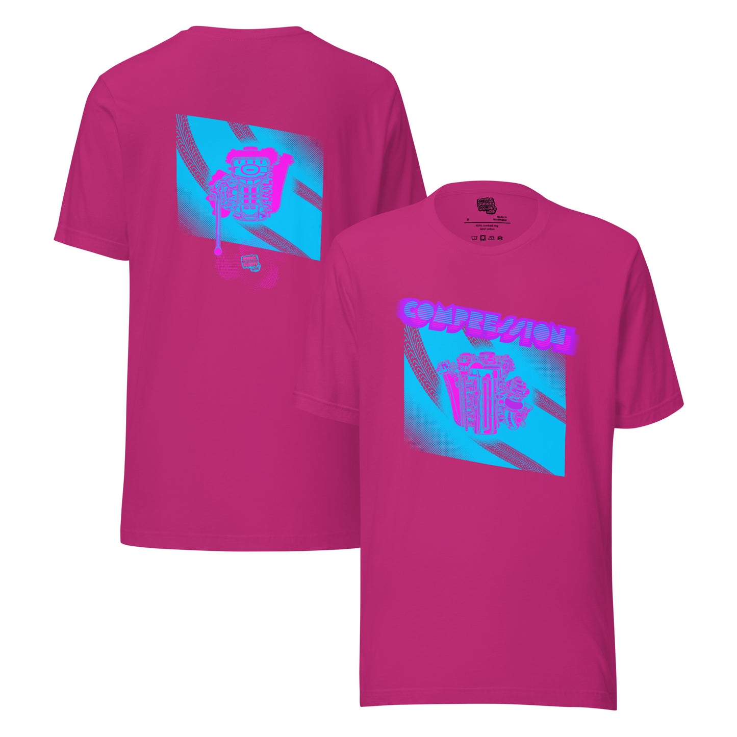 Pink t-shirt with a blue, pink, and purple illustration of a JDM engine with a big turbo charger from the top and stylized text that says Compression Obsession on the front. On the back is the under side of the engine with exhaust coming out and a small GKS logo in the middle of the smoke.