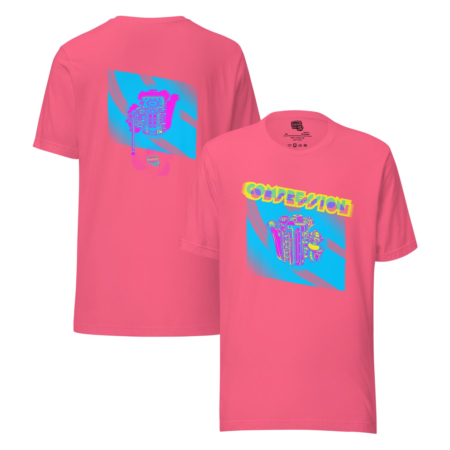 Pink t-shirt with a blue, pink, and yellow illustration of a JDM engine with a big turbo charger from the top and stylized text that says Compression Obsession on the front. On the back is the under side of the engine with exhaust coming out and a small GKS logo in the middle of the smoke.