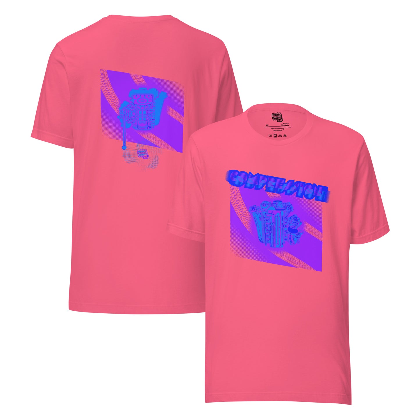 Pink t-shirt with a purple, light blue, and dark blue illustration of a JDM engine with a big turbo charger from the top and stylized text that says Compression Obsession on the front. On the back is the under side of the engine with exhaust coming out and a small GKS logo in the middle of the smoke.