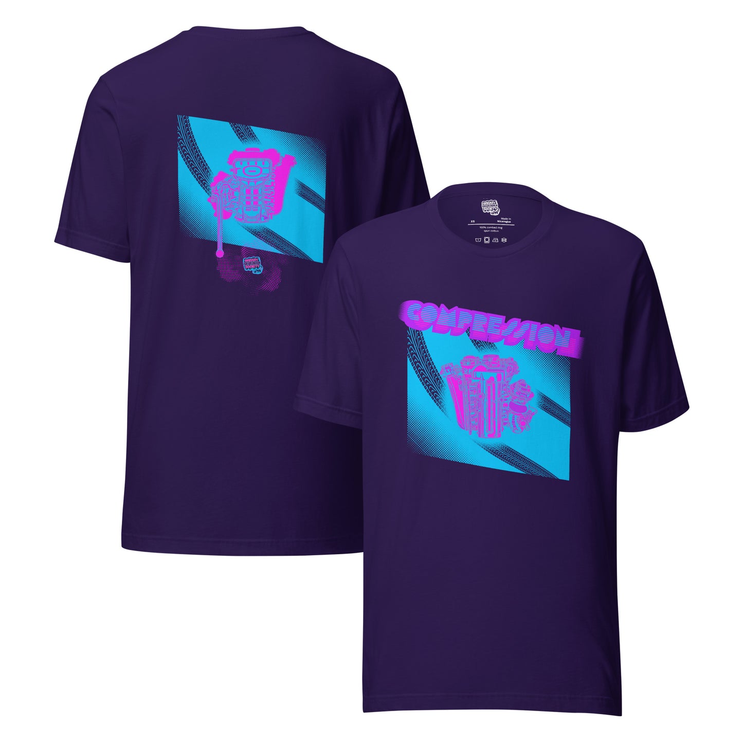 Purple t-shirt with a blue, pink, and purple illustration of a JDM engine with a big turbo charger from the top and stylized text that says Compression Obsession on the front. On the back is the under side of the engine with exhaust coming out and a small GKS logo in the middle of the smoke.