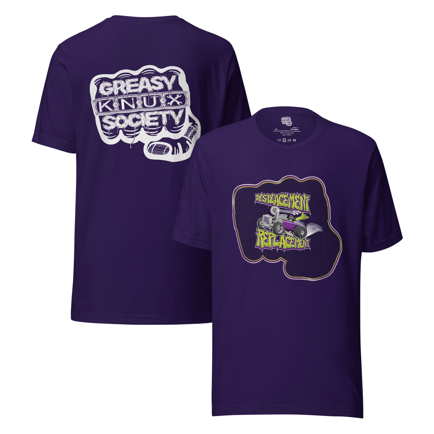 Purple t-shirt with green and purple illustration of a retro coupe with a small engine and a giant turbo charger spinning it's wheels in front of a brick wall with a crash test dummy driving and graffiti styled text that reads Displacement Replacement on the front.
On the back is a large white logo consisting of big fist with brass knuckles and bandage on the thumb with type reading Greasy Knux Society. Greasy and Society are stylized to look like dripping grease and Knux is made of various tools.