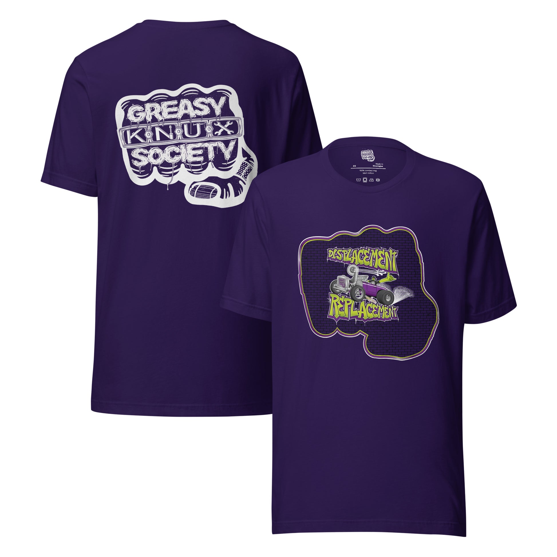 Purple t-shirt with green and purple illustration of a retro coupe with a small engine and a giant turbo charger spinning it's wheels in front of a brick wall with a crash test dummy driving and graffiti styled text that reads Displacement Replacement on the front.
On the back is a large white logo consisting of big fist with brass knuckles and bandage on the thumb with type reading Greasy Knux Society. Greasy and Society are stylized to look like dripping grease and Knux is made of various tools.