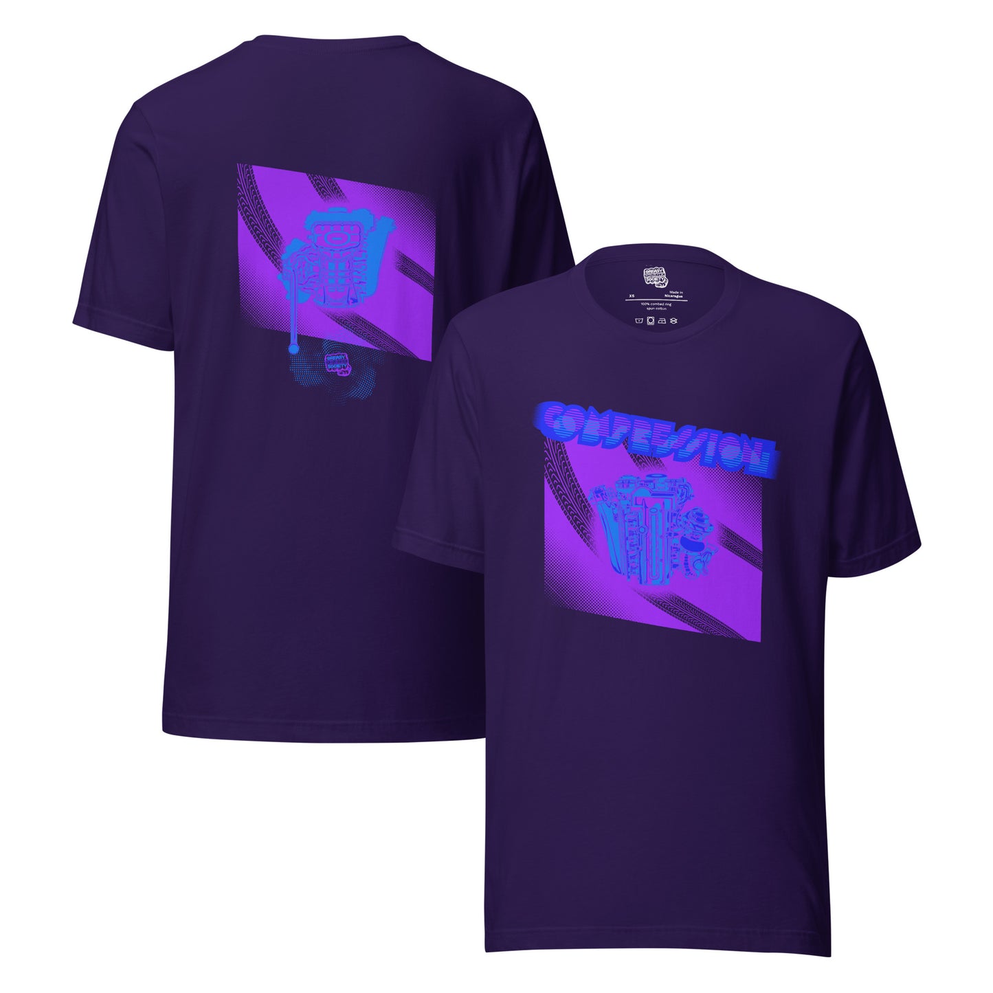Purple t-shirt with a purple, light blue, and dark blue illustration of a JDM engine with a big turbo charger from the top and stylized text that says Compression Obsession on the front. On the back is the under side of the engine with exhaust coming out and a small GKS logo in the middle of the smoke.