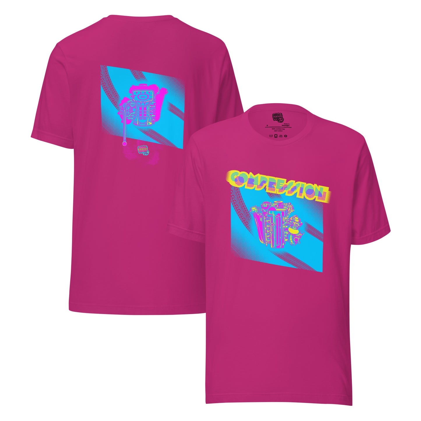 Raspberry t-shirt with a blue, pink, and yellow illustration of a JDM engine with a big turbo charger from the top and stylized text that says Compression Obsession on the front. On the back is the under side of the engine with exhaust coming out and a small GKS logo in the middle of the smoke.