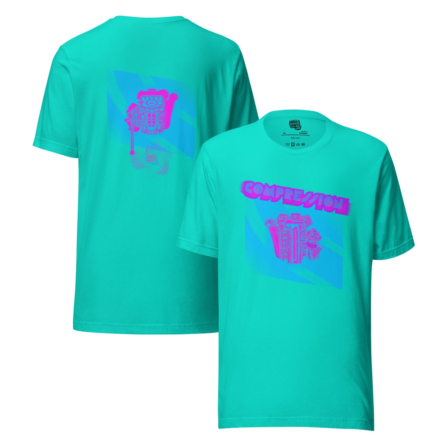 Teal t-shirt with a blue, pink, and purple illustration of a JDM engine with a big turbo charger from the top and stylized text that says Compression Obsession on the front. On the back is the under side of the engine with exhaust coming out and a small GKS logo in the middle of the smoke.