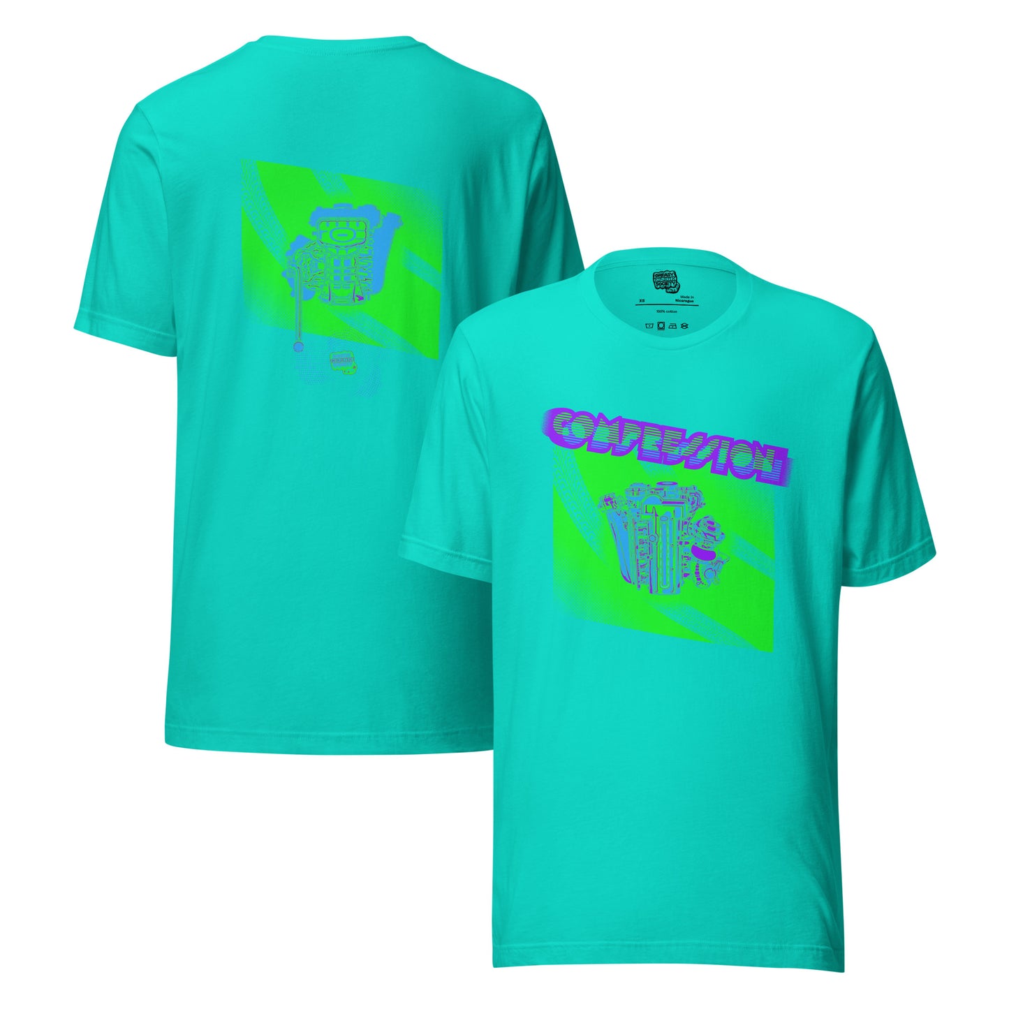 Teal t-shirt with a green, blue, and purple illustration of a JDM engine with a big turbo charger from the top and stylized text that says Compression Obsession on the front. On the back is the under side of the engine with exhaust coming out and a small GKS logo in the middle of the smoke.