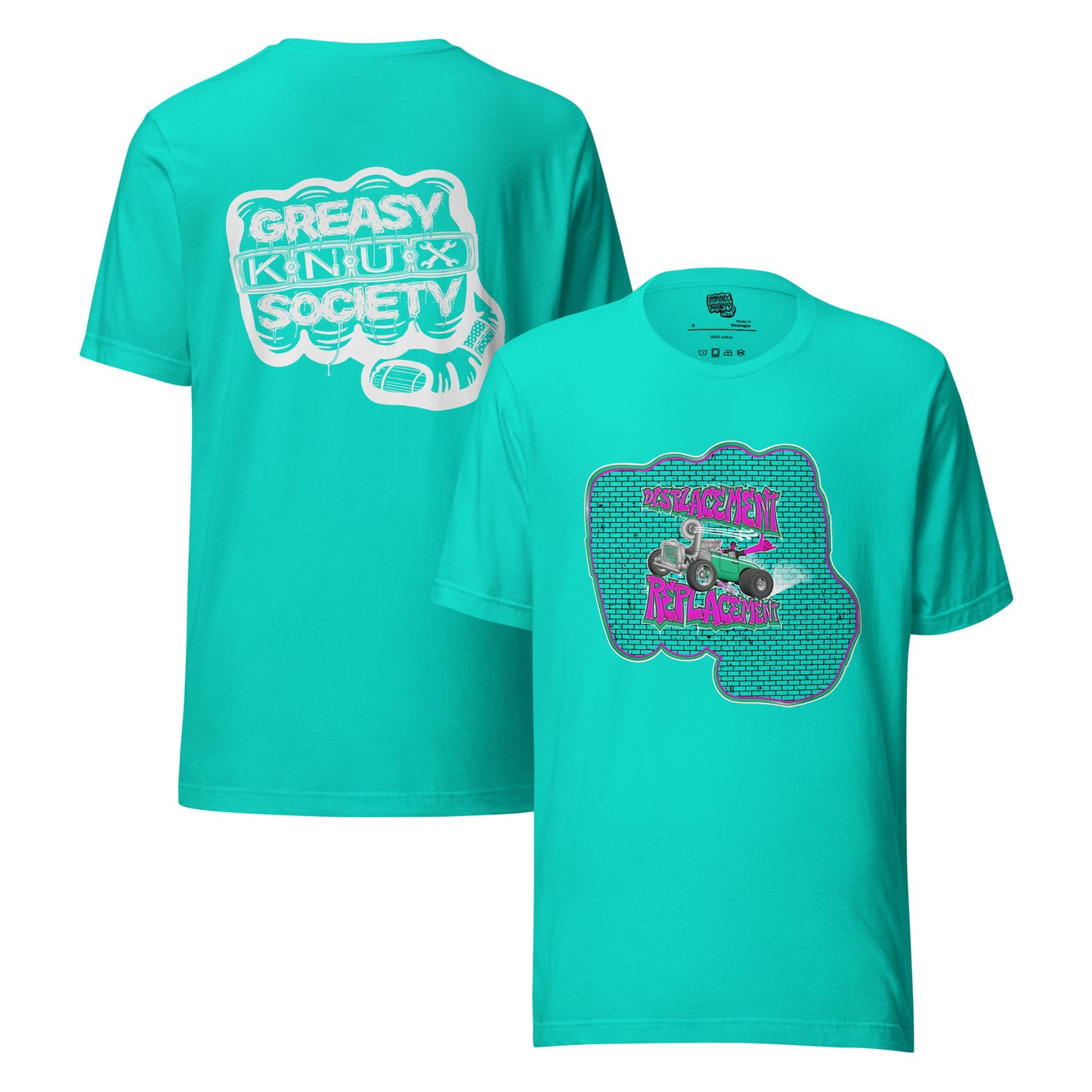 Teal t-shirt with pink and teal illustration of a retro coupe with a small engine and a giant turbo charger spinning it's wheels in front of a brick wall with a crash test dummy driving and graffiti styled text that reads Displacement Replacement on the front.
On the back is a large white logo consisting of big fist with brass knuckles and bandage on the thumb with type reading Greasy Knux Society. Greasy and Society are stylized to look like dripping grease and Knux is made of various tools.