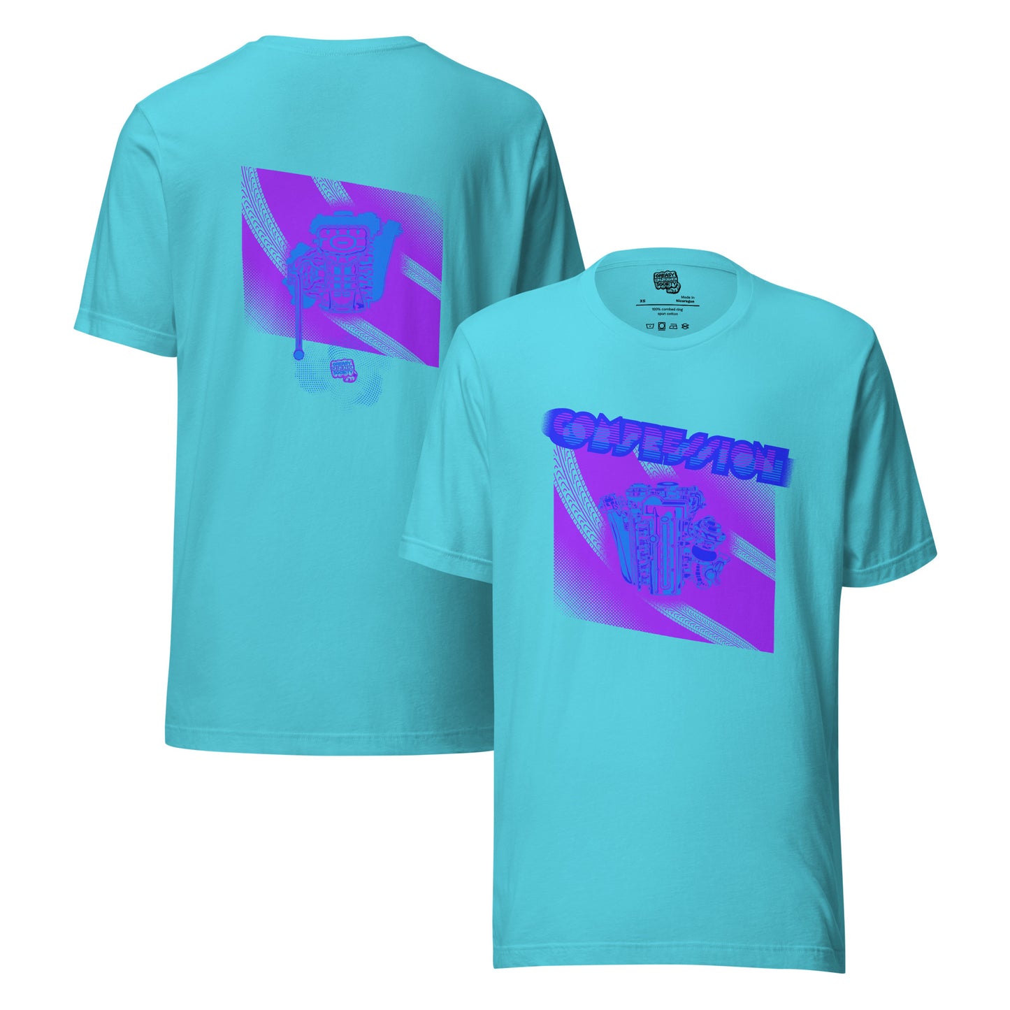 Turquoise t-shirt with a purple, light blue, and dark blue illustration of a JDM engine with a big turbo charger from the top and stylized text that says Compression Obsession on the front. On the back is the under side of the engine with exhaust coming out and a small GKS logo in the middle of the smoke.