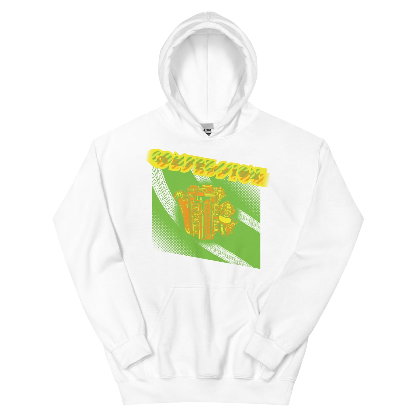 White hoodie with an illustration of a green, orange and yellow JDM engine with a big turbo charger from the top and stylized text that says Compression Obsession on the front.