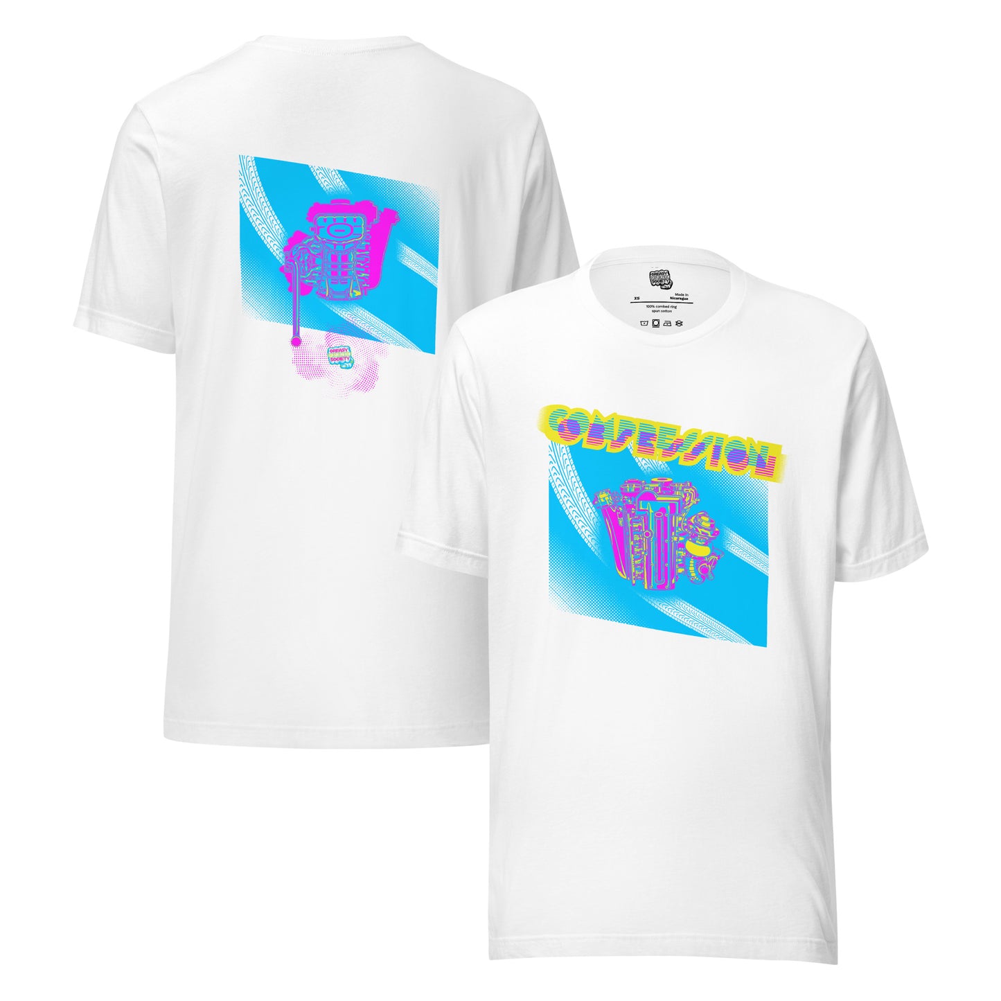 White t-shirt with a blue, pink, and yellow illustration of a JDM engine with a big turbo charger from the top and stylized text that says Compression Obsession on the front. On the back is the under side of the engine with exhaust coming out and a small GKS logo in the middle of the smoke.